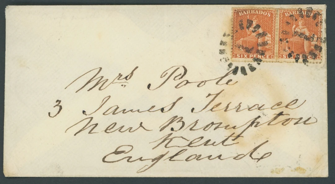 Barbados Britannia Issues Covers 1870 (Aug.) envelope ex the Poole