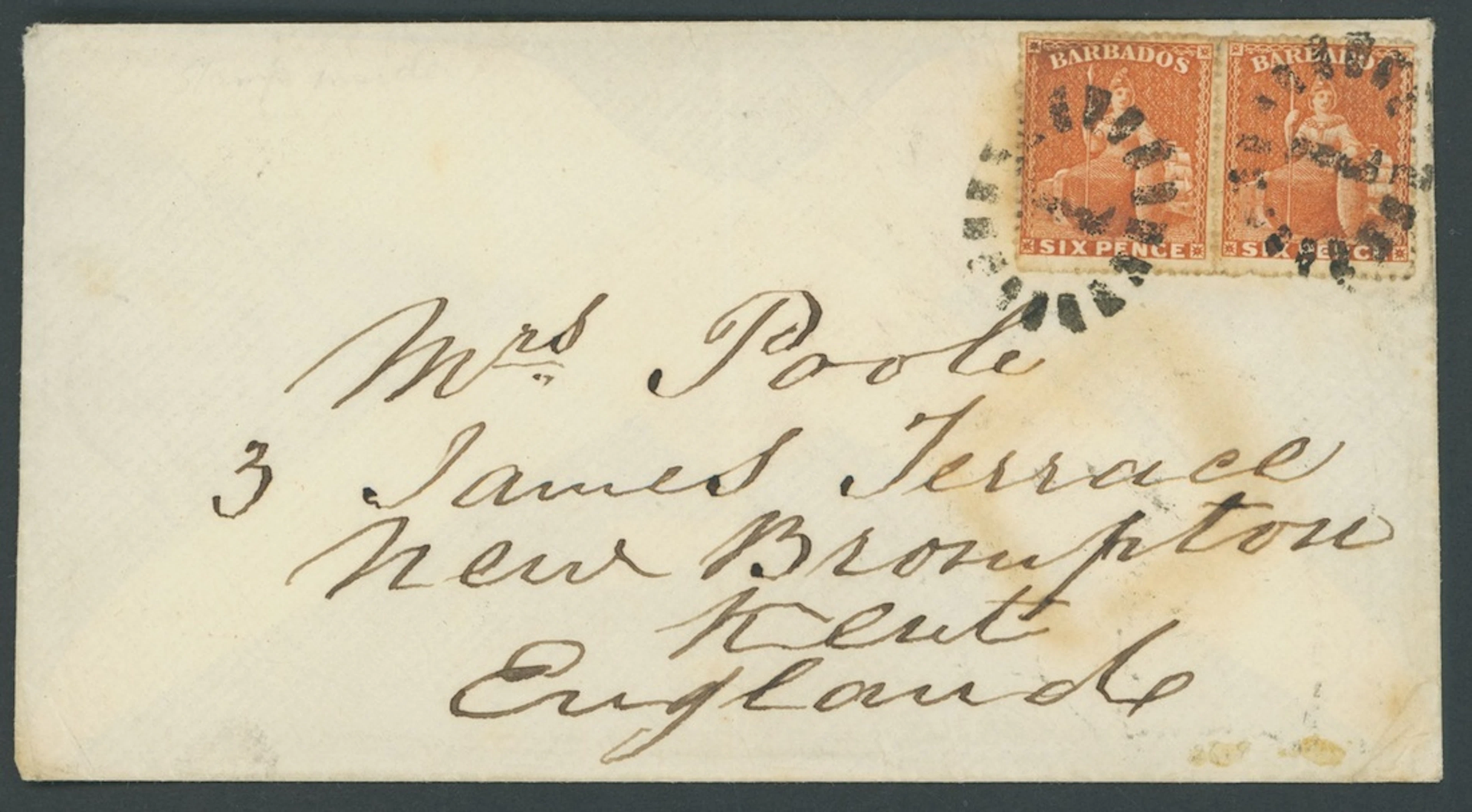 Barbados Britannia Issues Covers 1870 (Aug.) envelope ex the Poole
