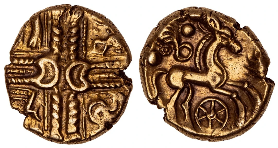 Catuvellauni, AV Stater, 'Middle Whaddon Chase, Big Wheel' Type, wreath