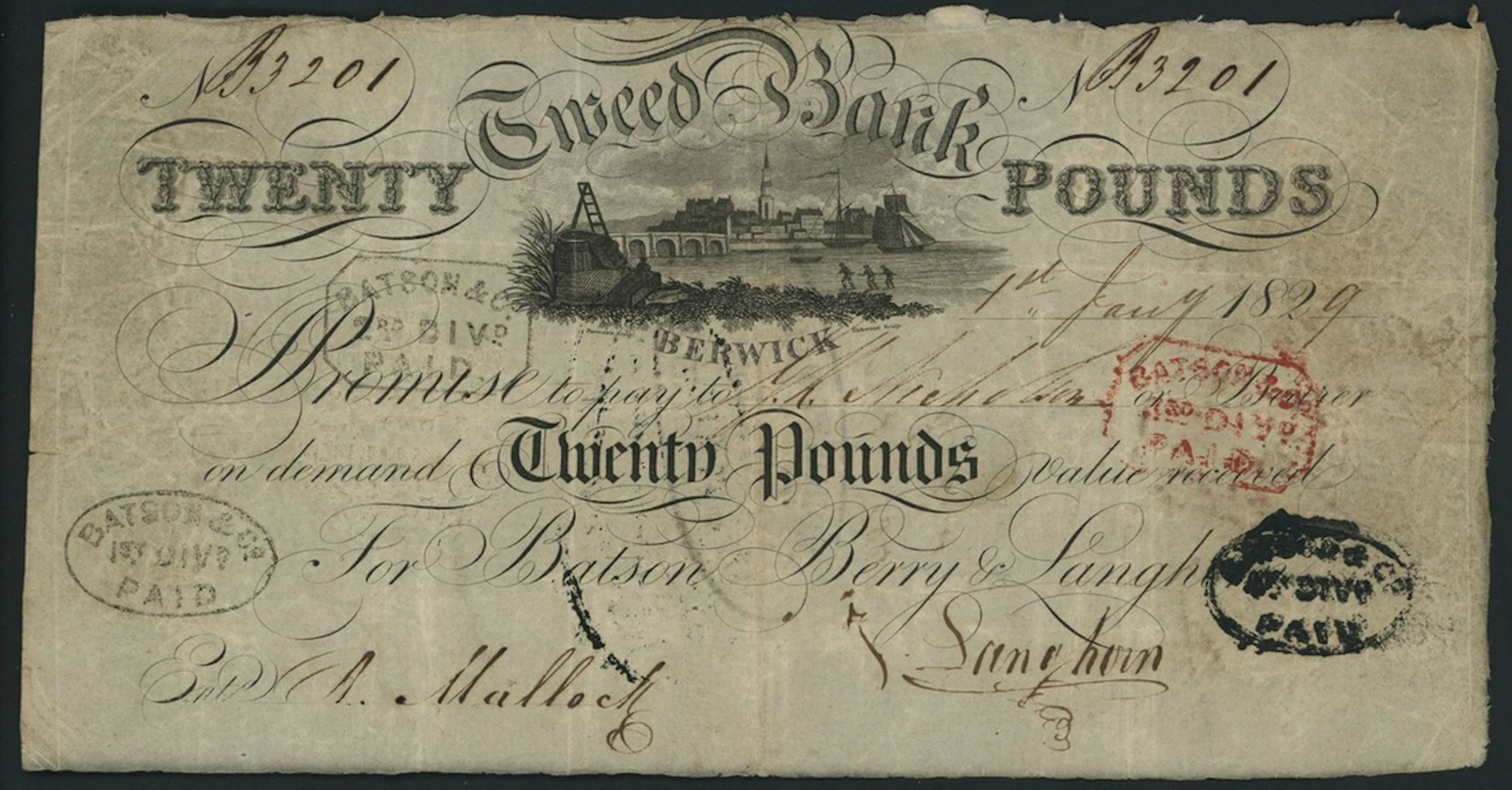 Tweed Bank, for Batson, Berry & Langhorn, £20, 1st January 1829, serial