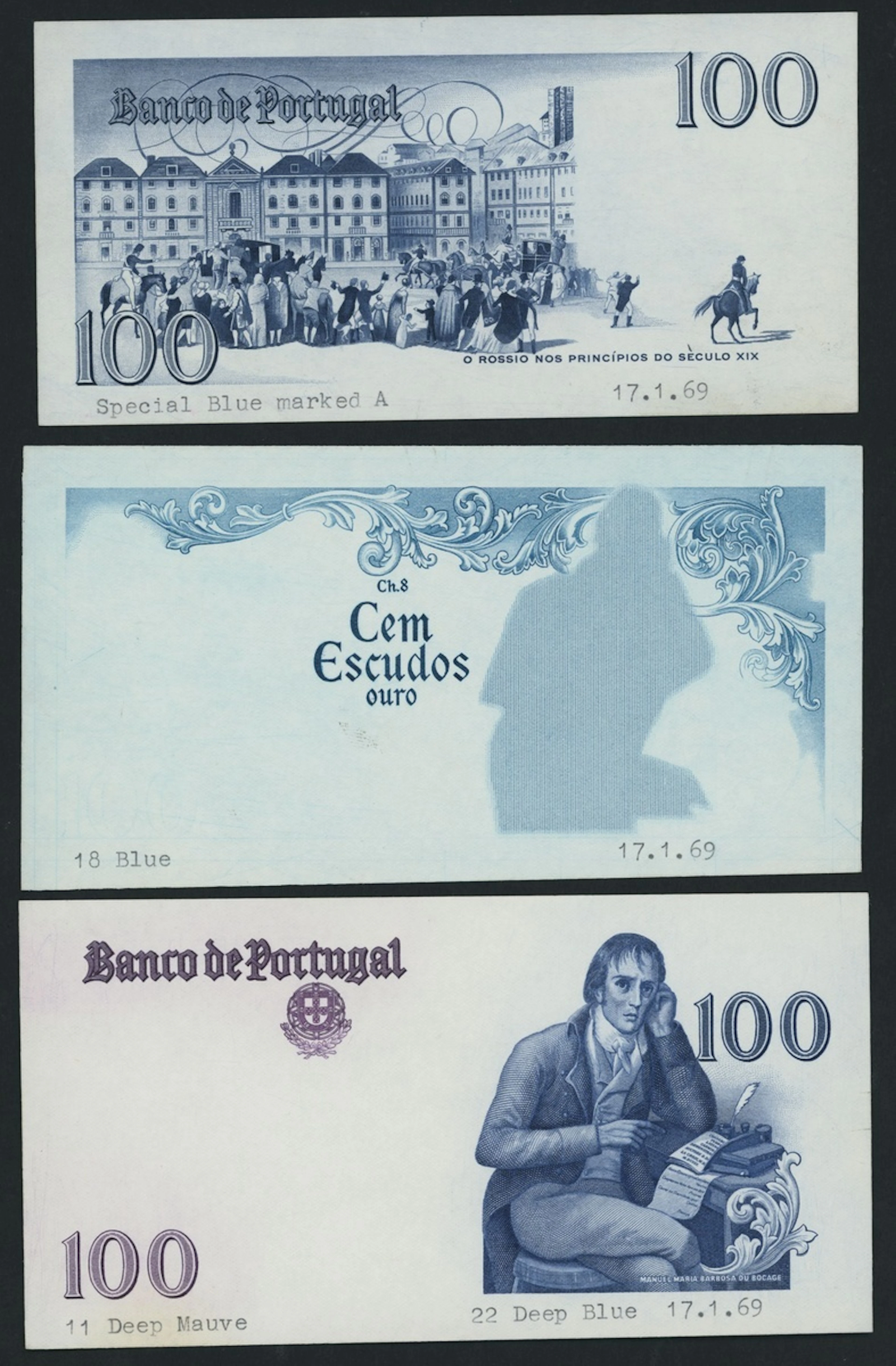 Banco de Portugal, [3 notes] front and back proofs for 100 Escudos