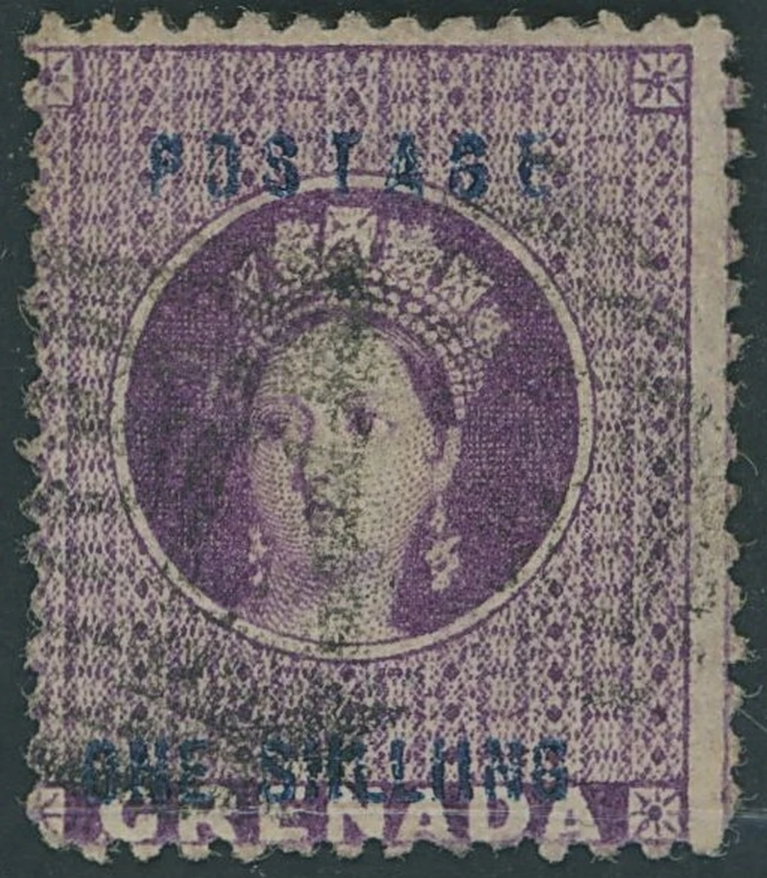 Grenada Issued Stamps 1875 July) 1/- deep mauve, variety "shlliing"
