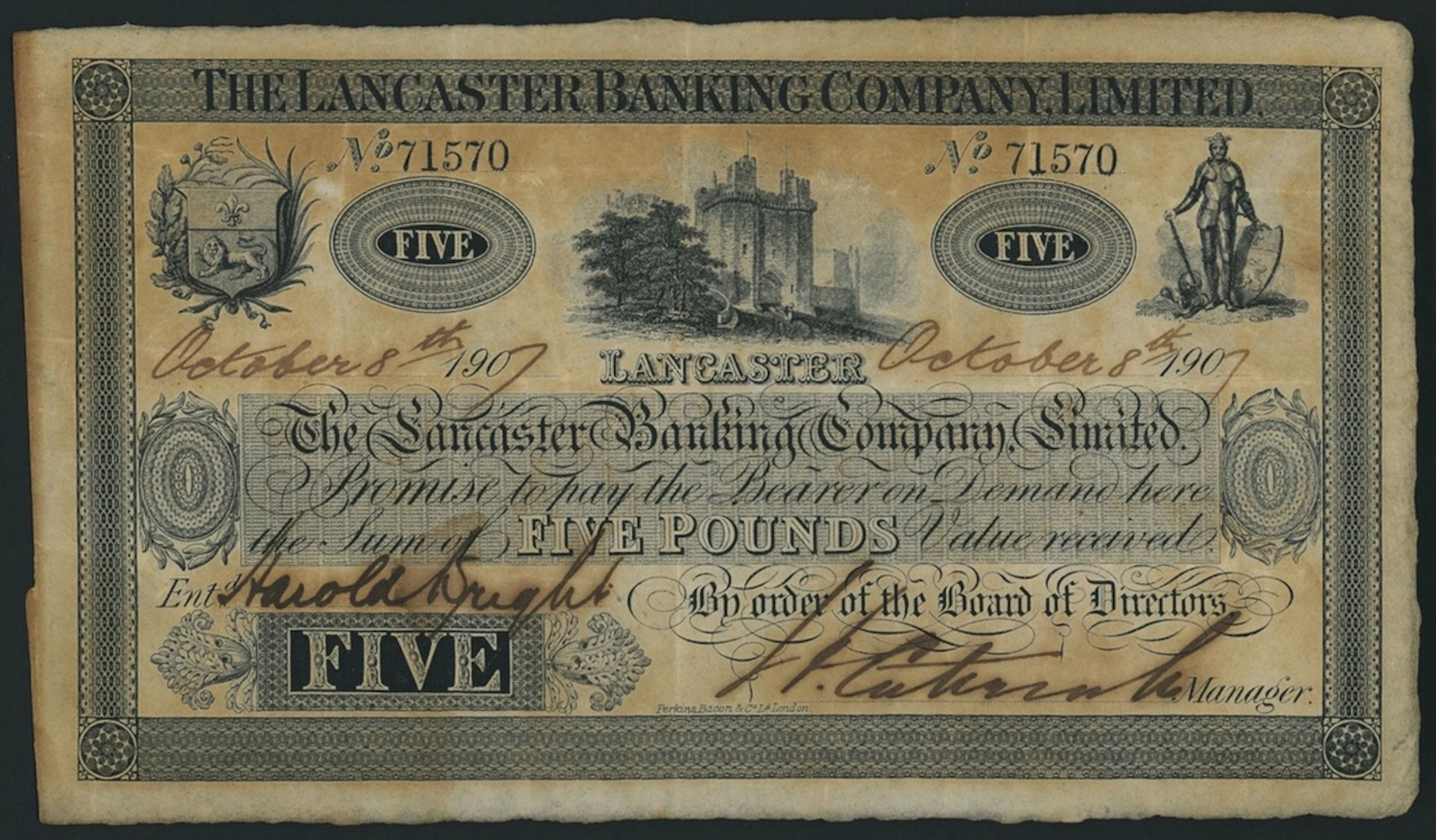 Lancaster Banking Company Limited, £5, 8th October 1907, serial number