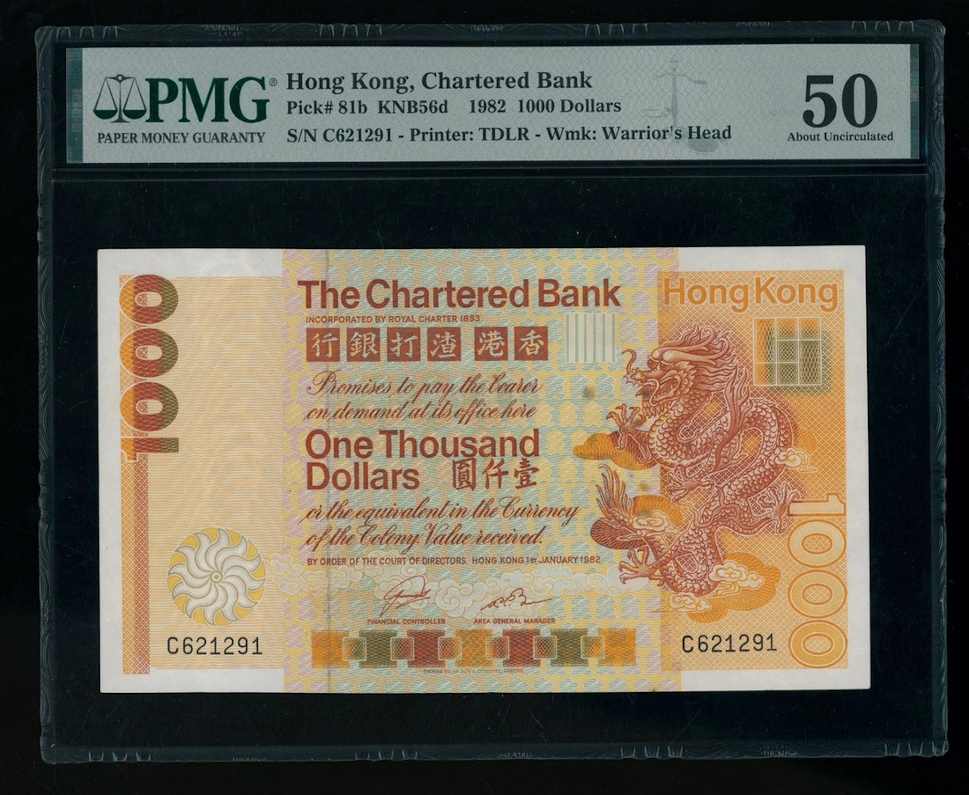 Chartered Bank, Hong Kong, $1000, 1.1.1982, serial number C621291, (Pick 81b)