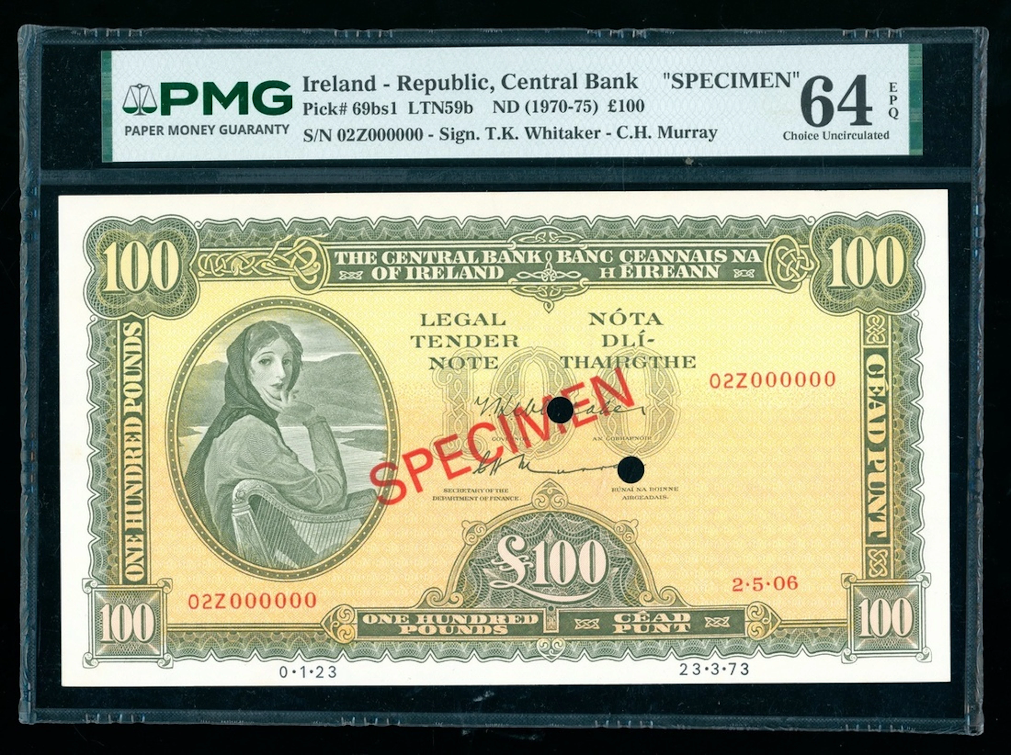 Central Bank of Ireland, specimen £100, 2.5.06 (fictitious date) 1973