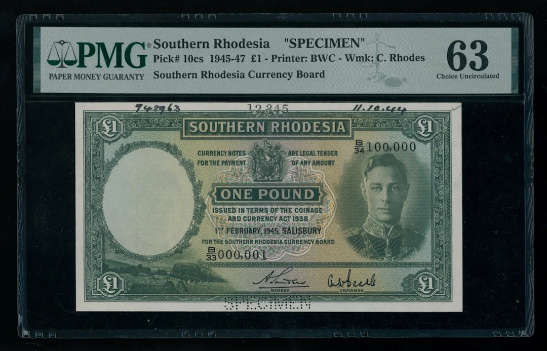 Southern Rhodesia Currency Board, specimen £1, 1.2.1945, serial number