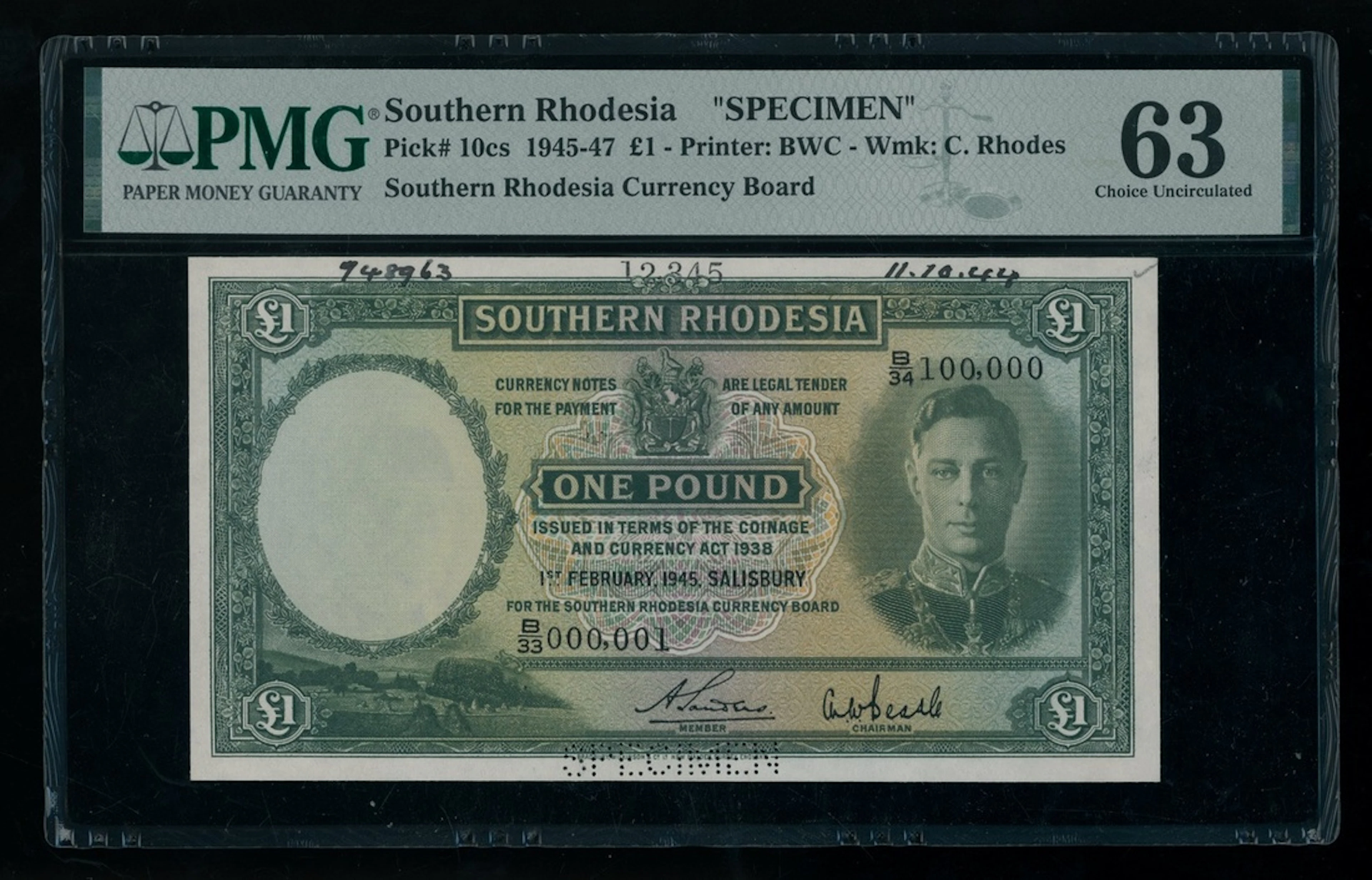 Southern Rhodesia Currency Board, specimen £1, 1.2.1945, serial number