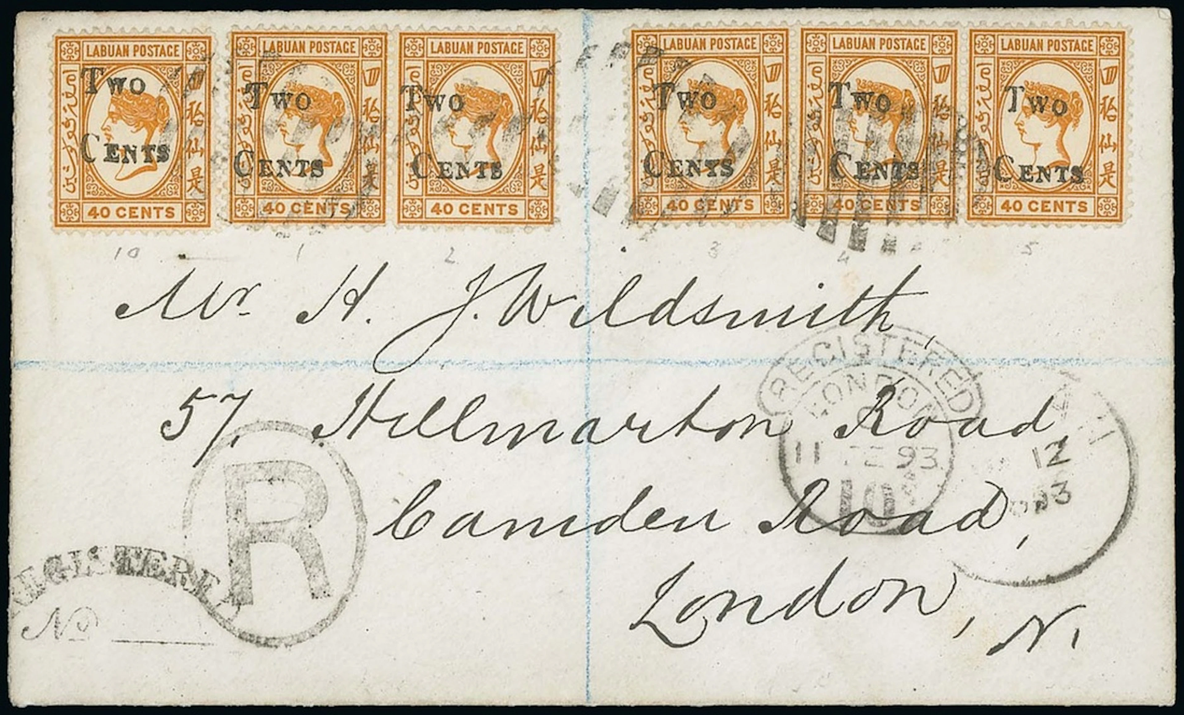 Labuan 1892 (Dec.) Surcharges Covers 1893 (12 Jan.) Wildsmith envelope