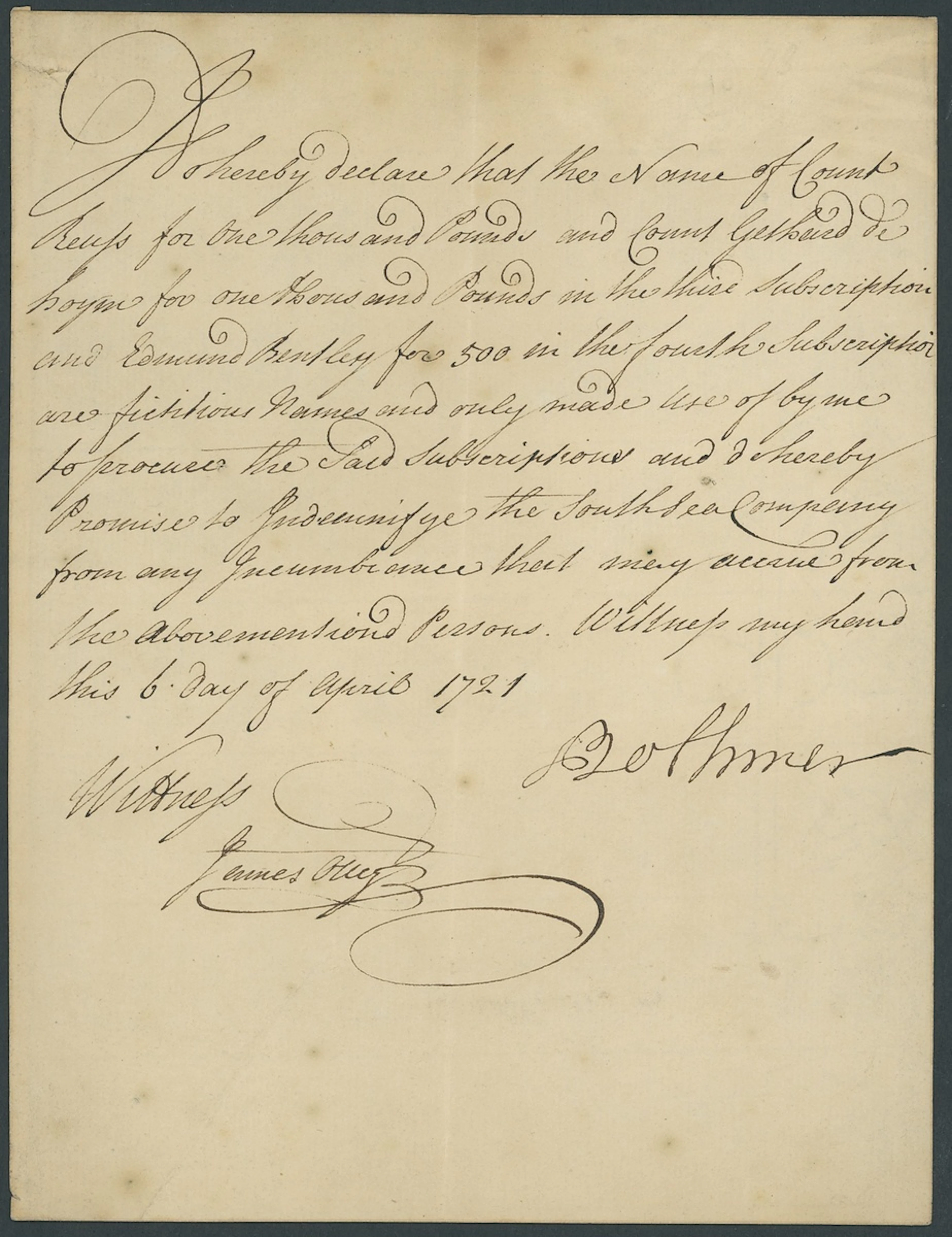 Great Britain South Sea Bubble 1721 Manuscript declaration signed