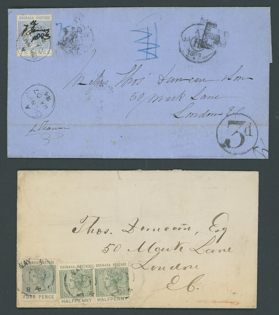 Grenada Covers and Cancellations 1884 (7 Jan.) entire to London, bearing