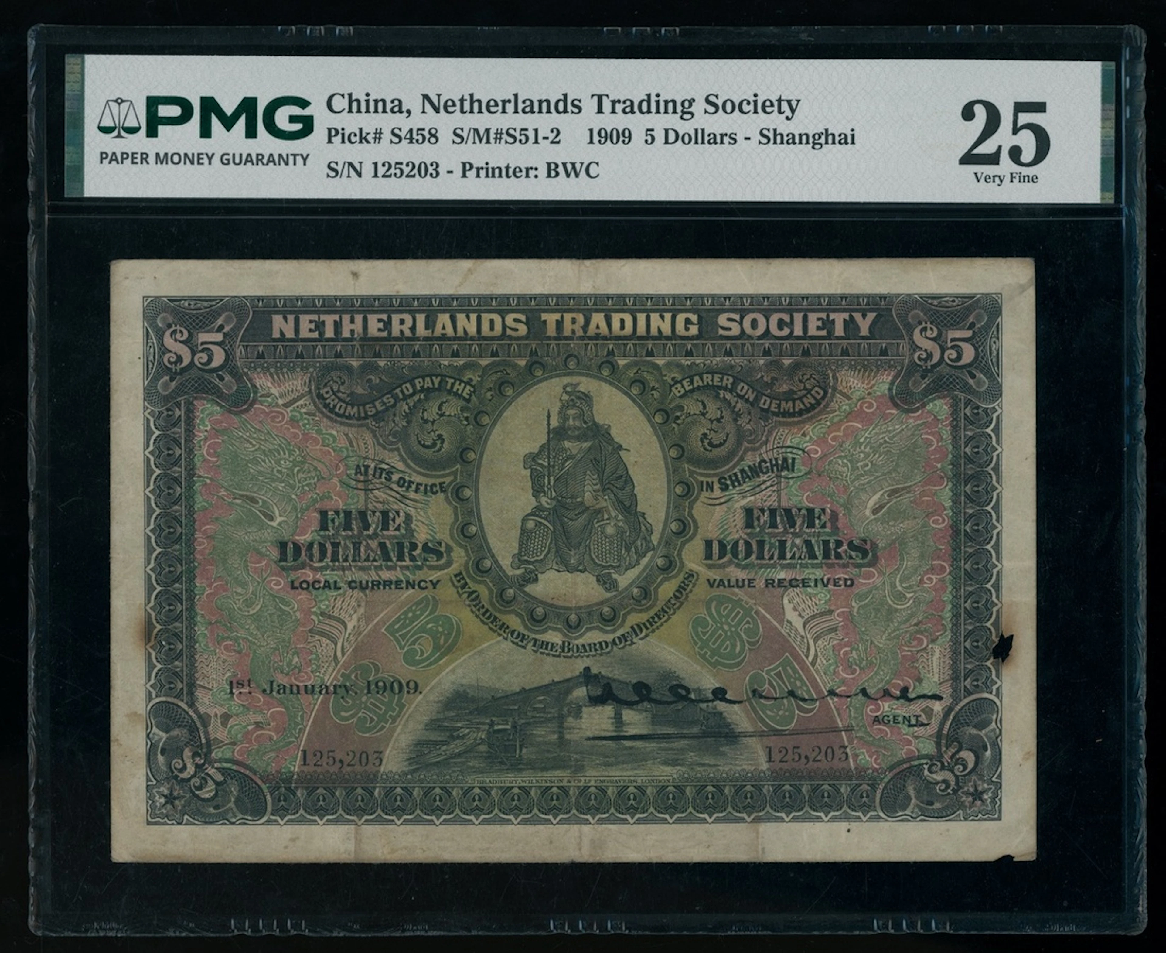 Netherlands Trading Society, China, $5, 1.1.1909, serial number 125203