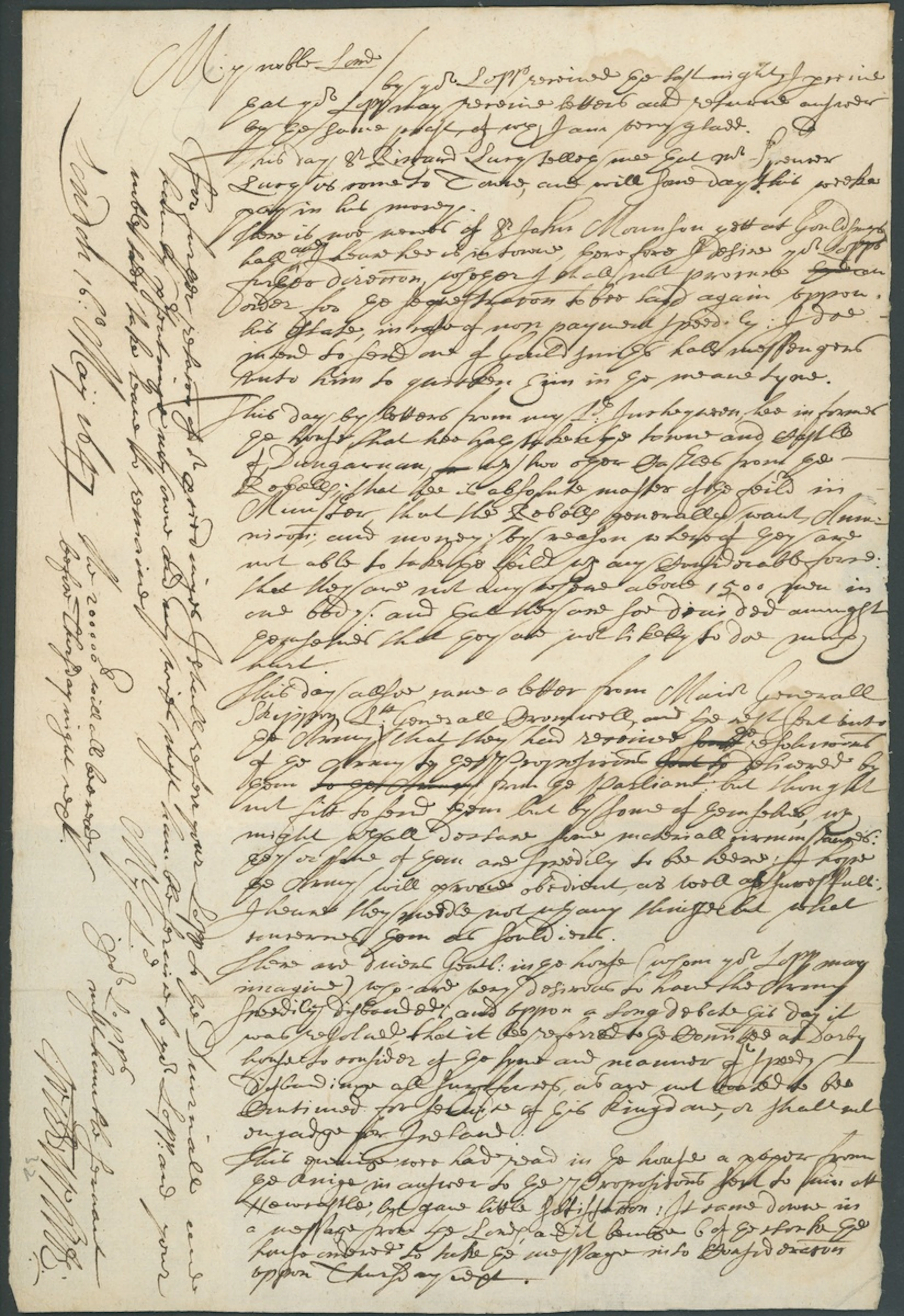Colonel William White to Ferdinando Fairfax 1647 (16 May) long autograph