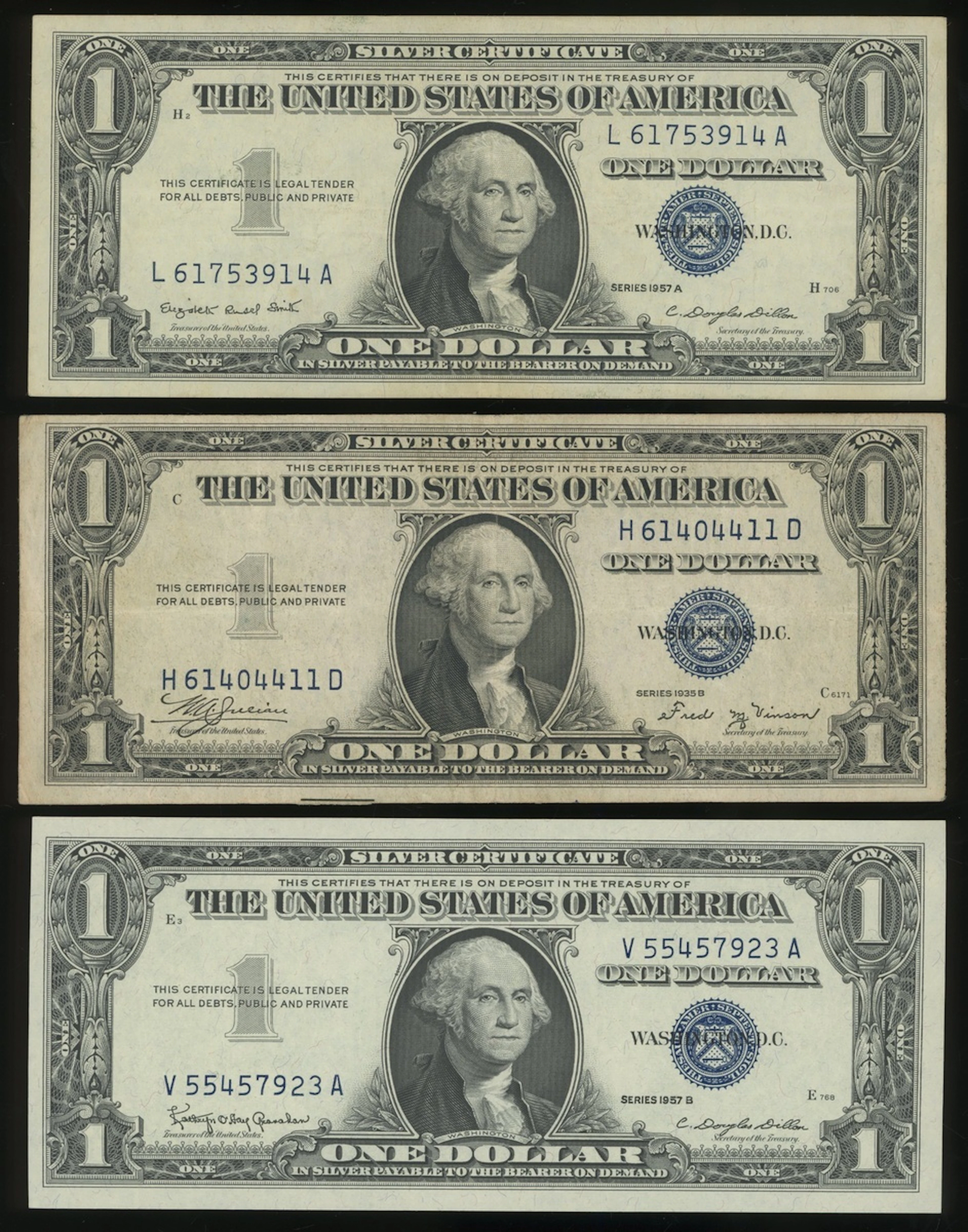 United States, Silver Certificate, $1 (3), 1935B, 1957A and 1957B