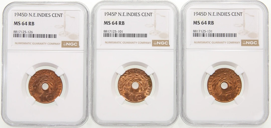 Netherlands East Indies, [NGC MS64RB] 1 cent (3), 1945P and 1945D(2)