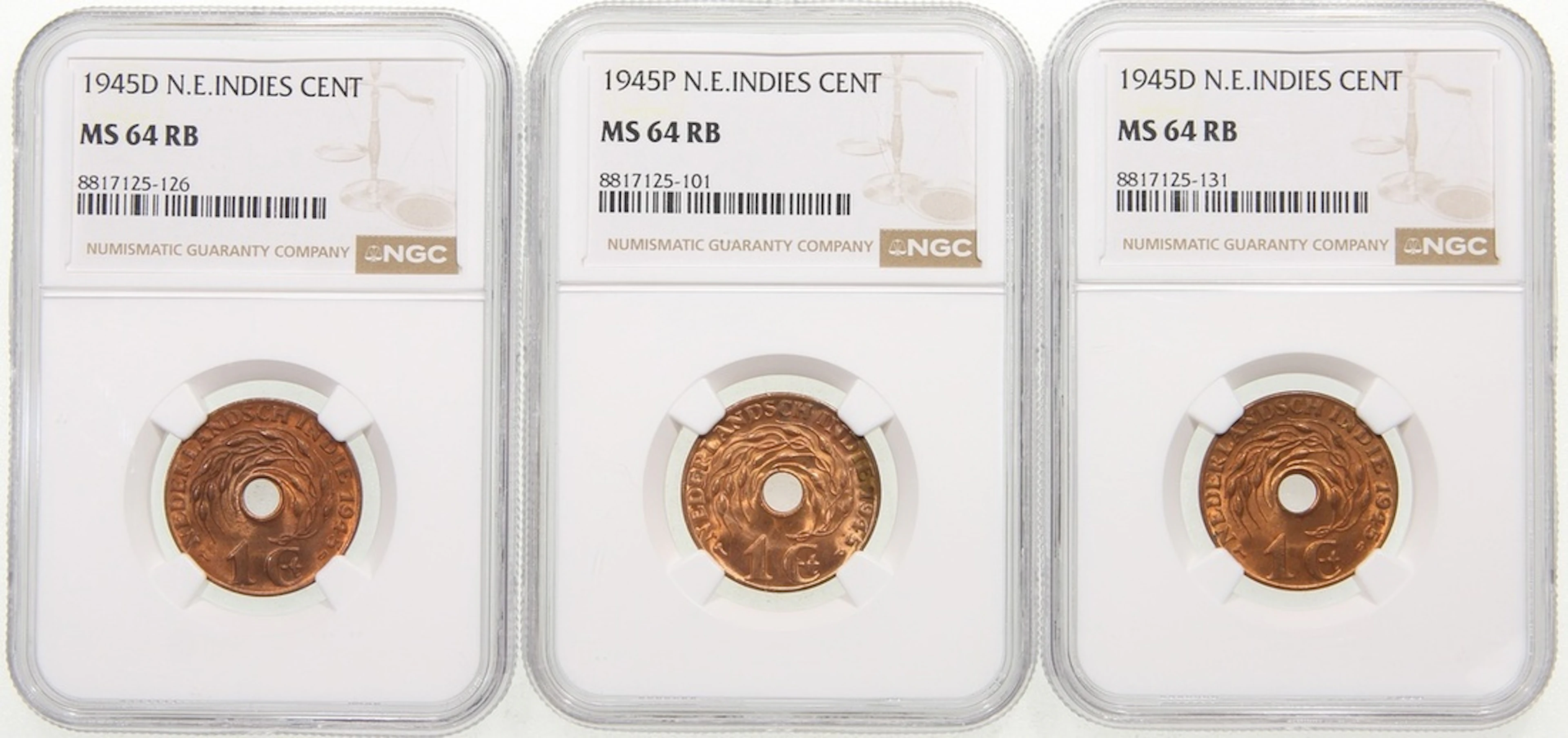 Netherlands East Indies, [NGC MS64RB] 1 cent (3), 1945P and 1945D(2)