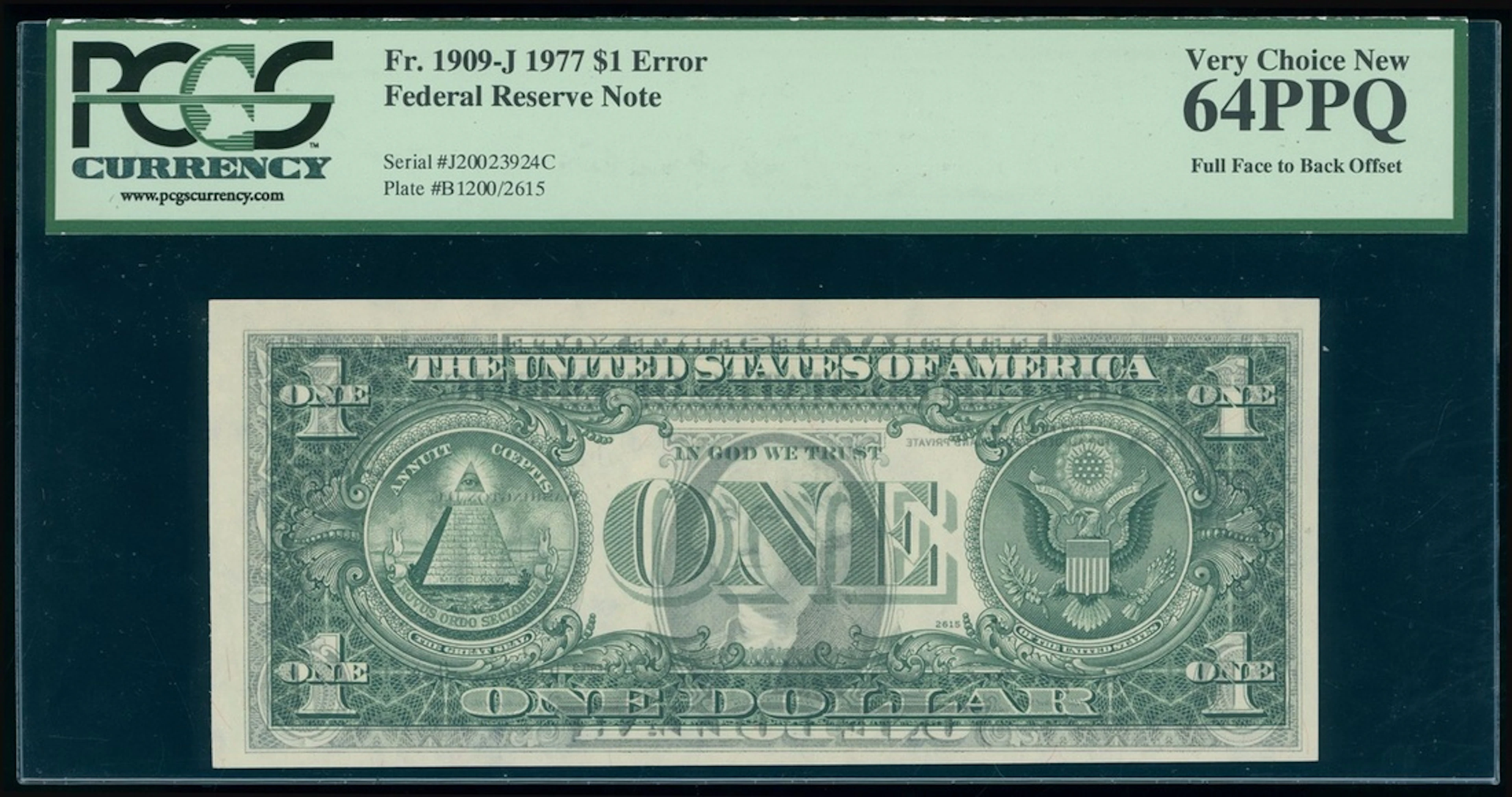 Federal Reserve Note, USA, ERROR $1, 1909-J, serial number J20023924C