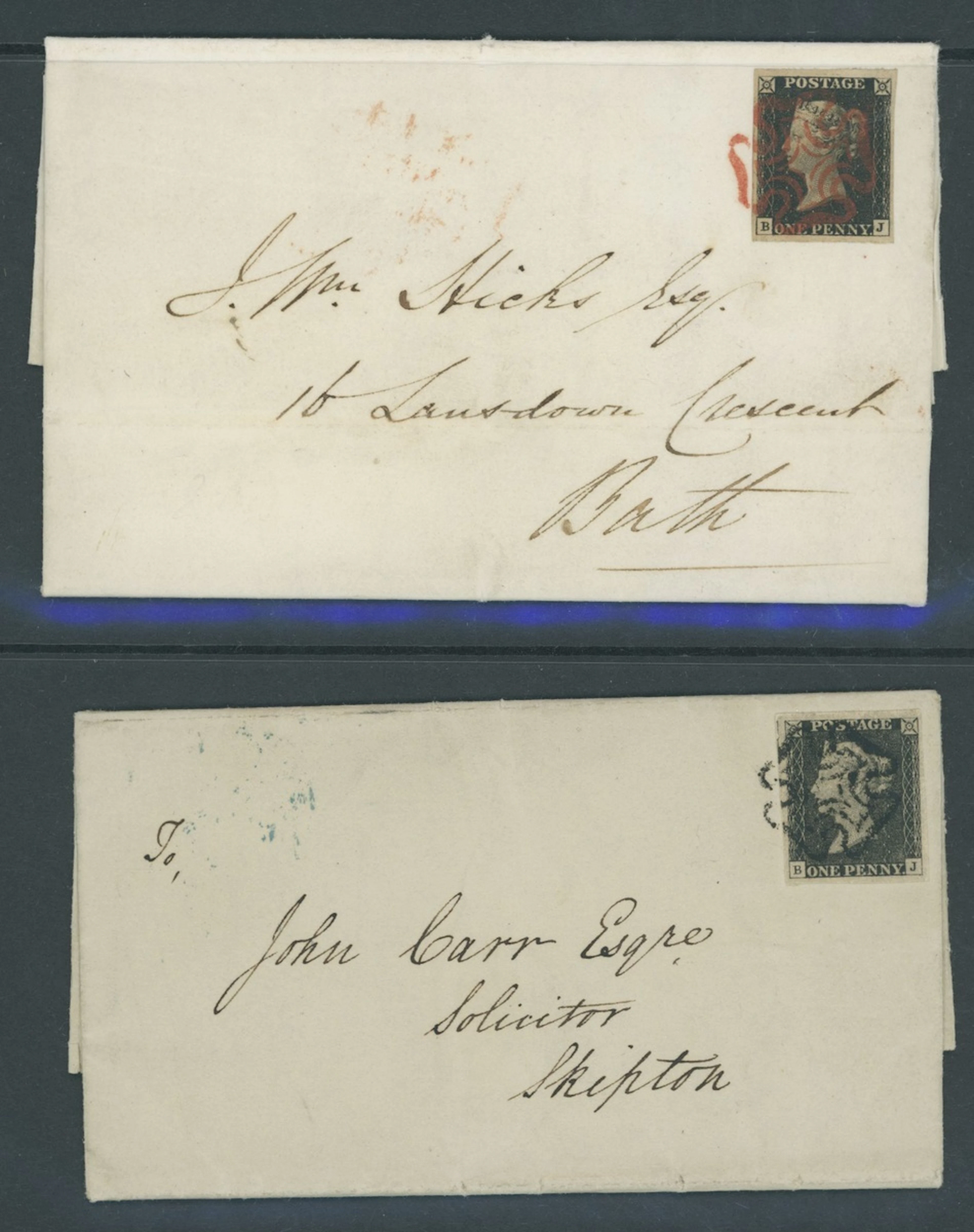 Great Britain 1840 One Penny Black Plate 2 BJ, a matched pair, both