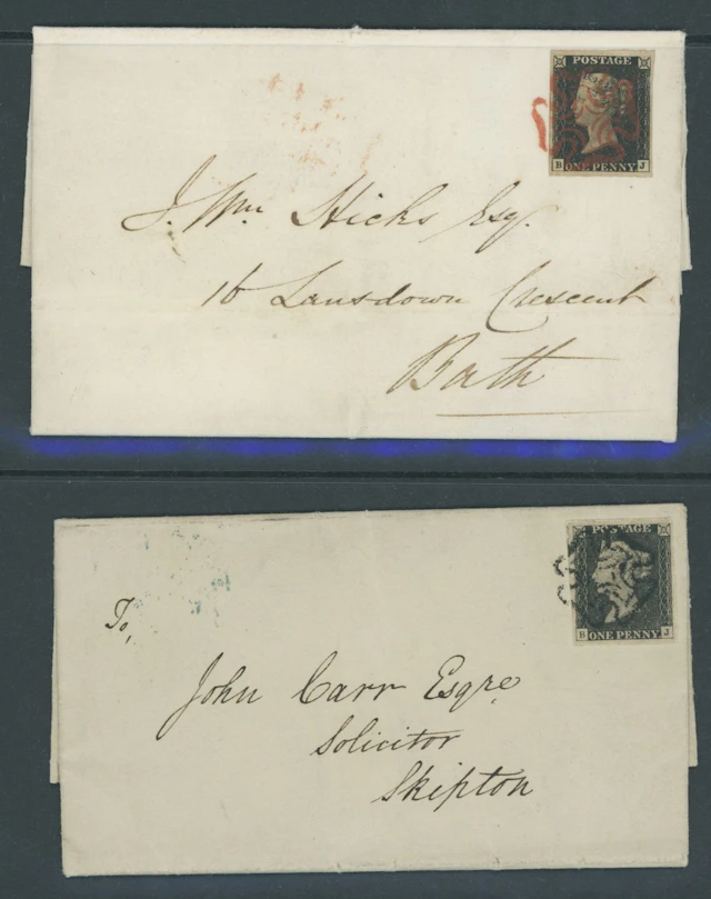 Great Britain 1840 One Penny Black Plate 2 BJ, a matched pair, both