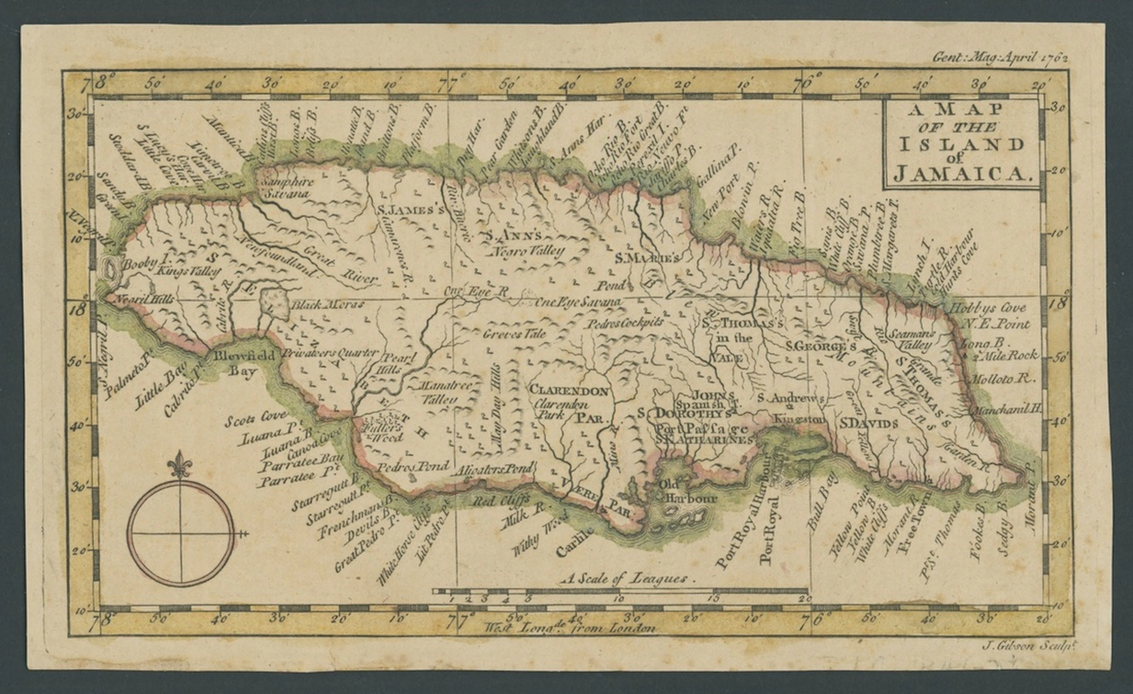 Jamaica Early Maps 1762 (Apr.) "Map of the Island of Jamaica" (200x119mm.)