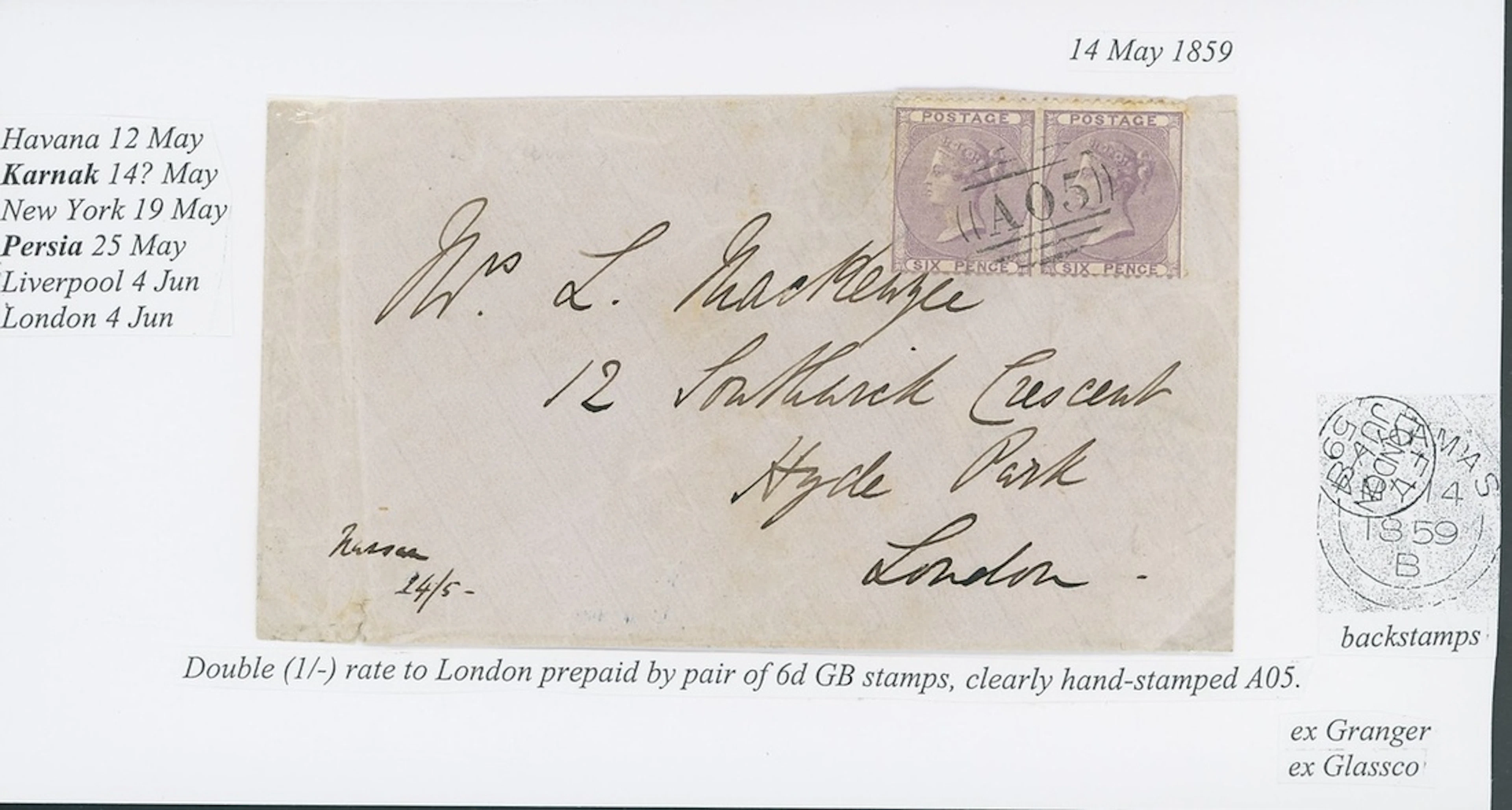 Bahamas Great Britain used in Bahamas 1859 (14 May) double-rate envelope
