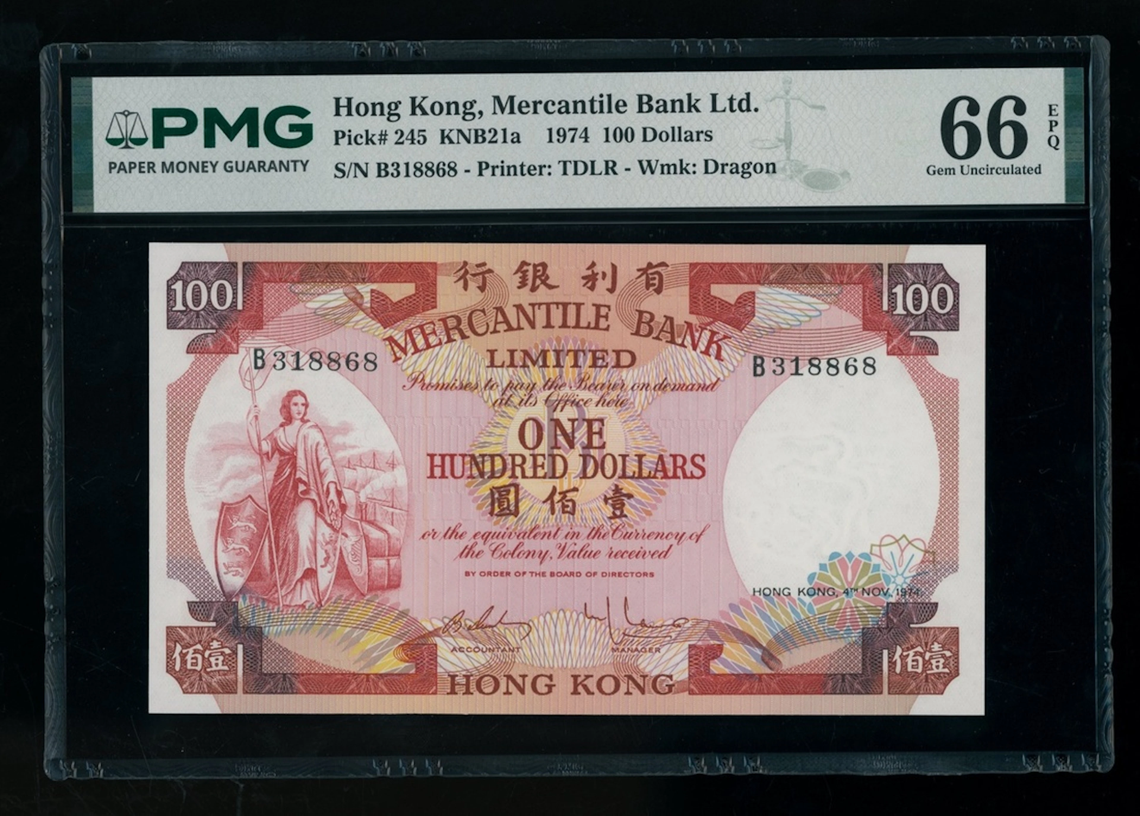 Mercantile Bank, Hong Kong, $100, 4.11.1974, serial number B318868, (Pick 245)