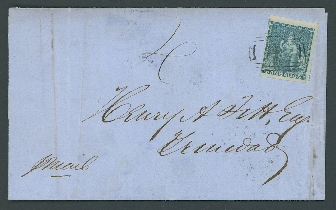 Barbados Britannia Issues Covers 1856 (5 Sept.) entire to Trinidad
