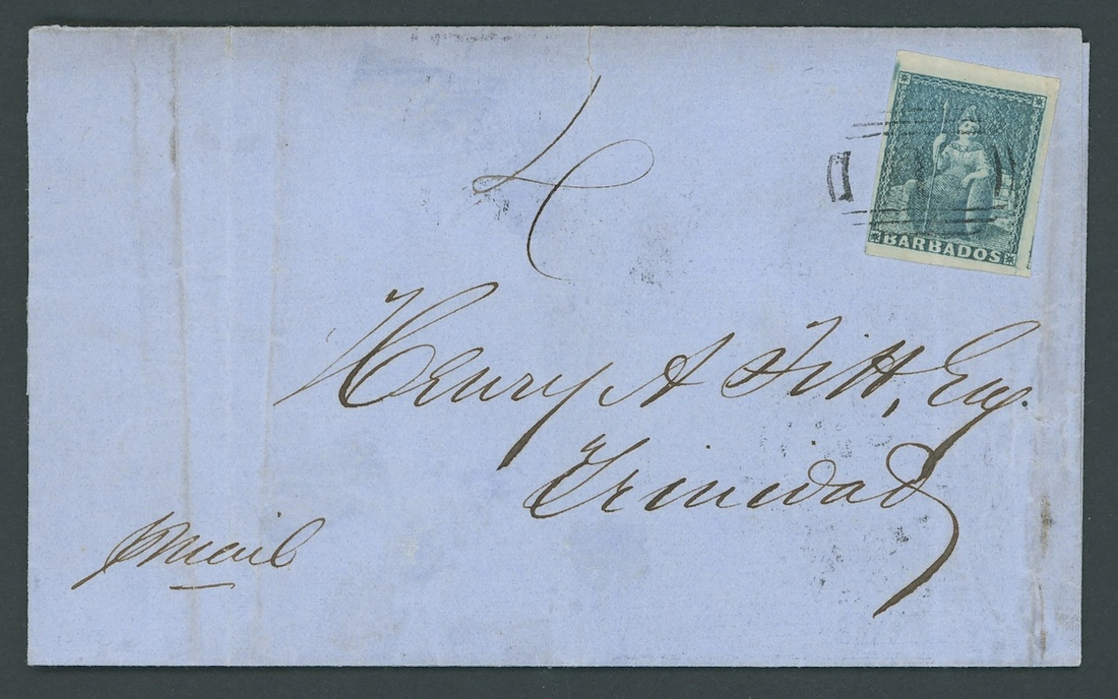Barbados Britannia Issues Covers 1856 (5 Sept.) entire to Trinidad