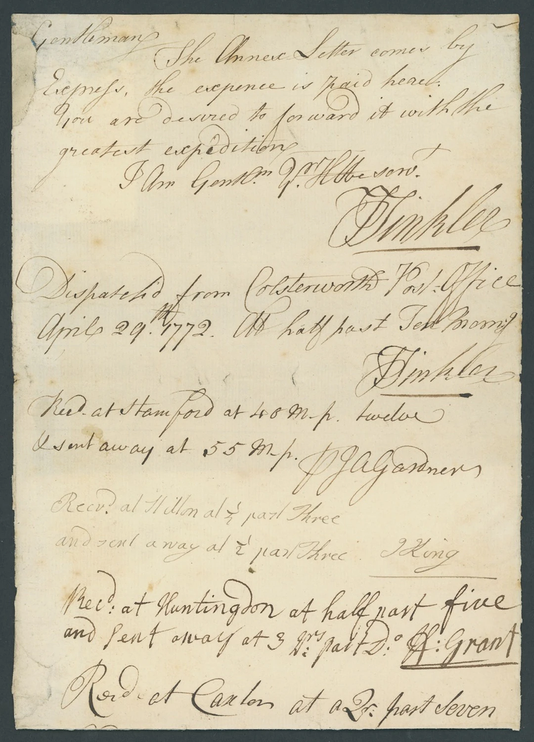 Great Britain Postal History Express Mail 1772 (29 April) manuscript