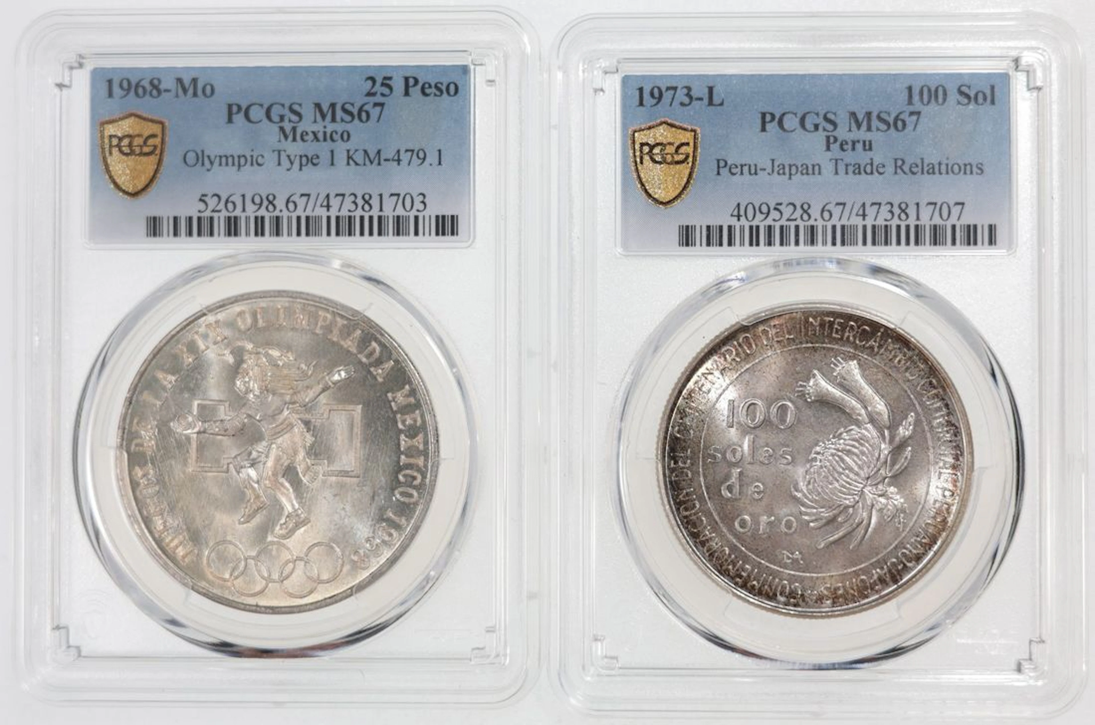 World Coins, [PCGS MS67] a pair, including Mexico 25 Peso, 1968-Mo