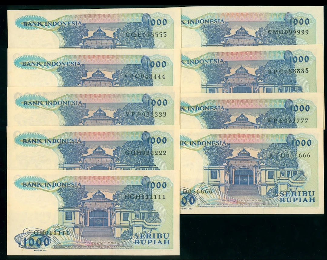 Bank Indonesia, a set of near solid serial numbers 1000 rupiah, 1988