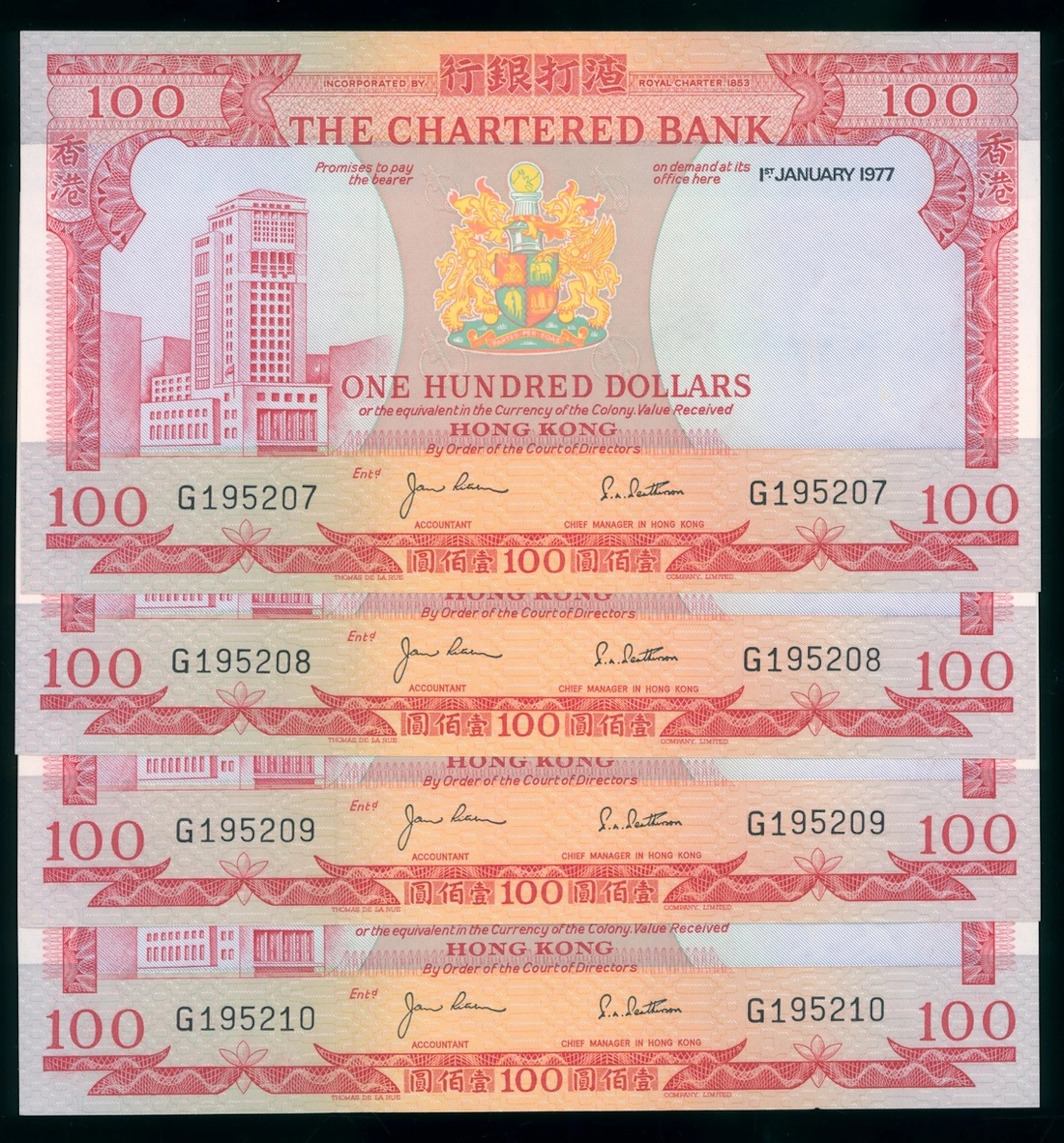 Chartered Bank, Hong Kong, consecutive $100 (4), 1.1.1977, serial