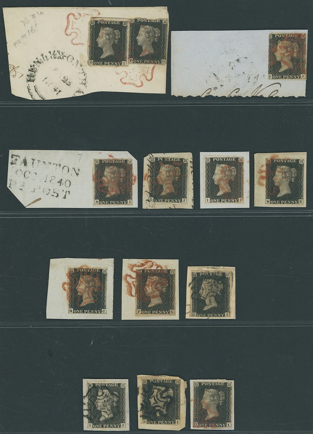 Great Britain 1840 One Penny Black Unplated A selection used on piece