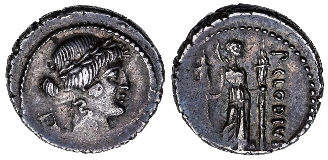Roman Republic, P. Clodius Turrinus AR Denarius, struck 42 BC, laureate