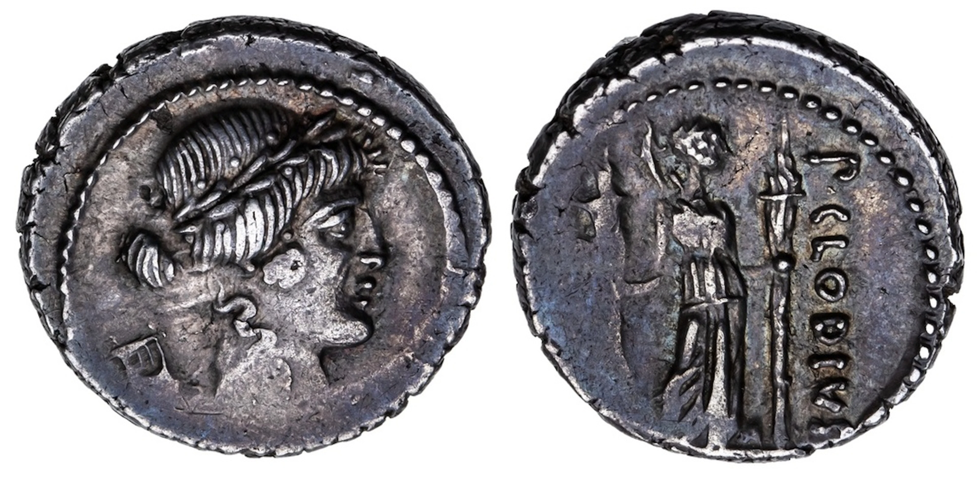 Roman Republic, P. Clodius Turrinus AR Denarius, struck 42 BC, laureate