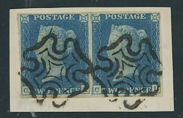 Great Britain 1840 Two Pence Blue Plate 2 CK-CL horizontal pair, small