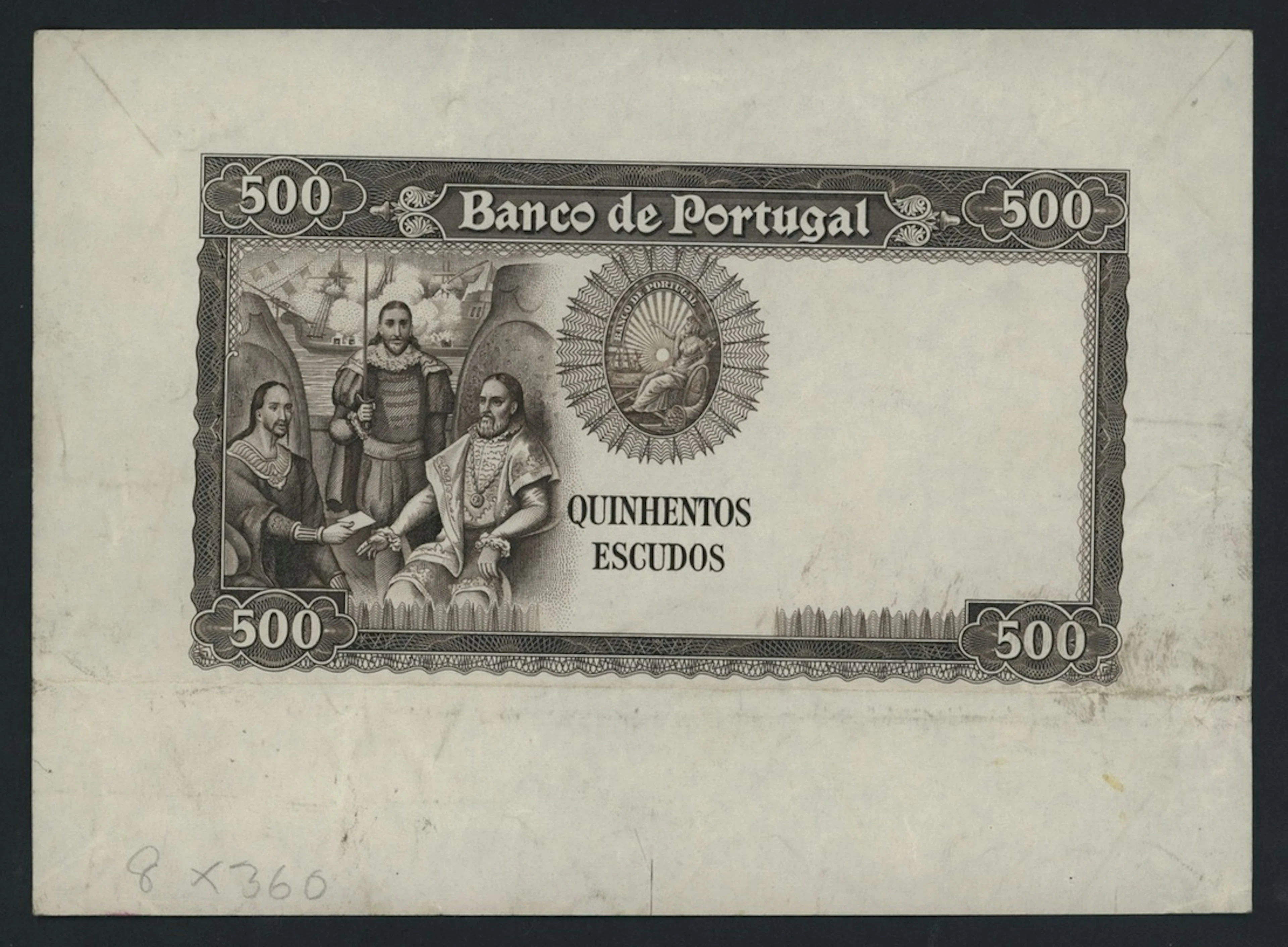 Banco de Portugal, back proof for 500 Escudos, ND (1958), (Pick 162 for type)
