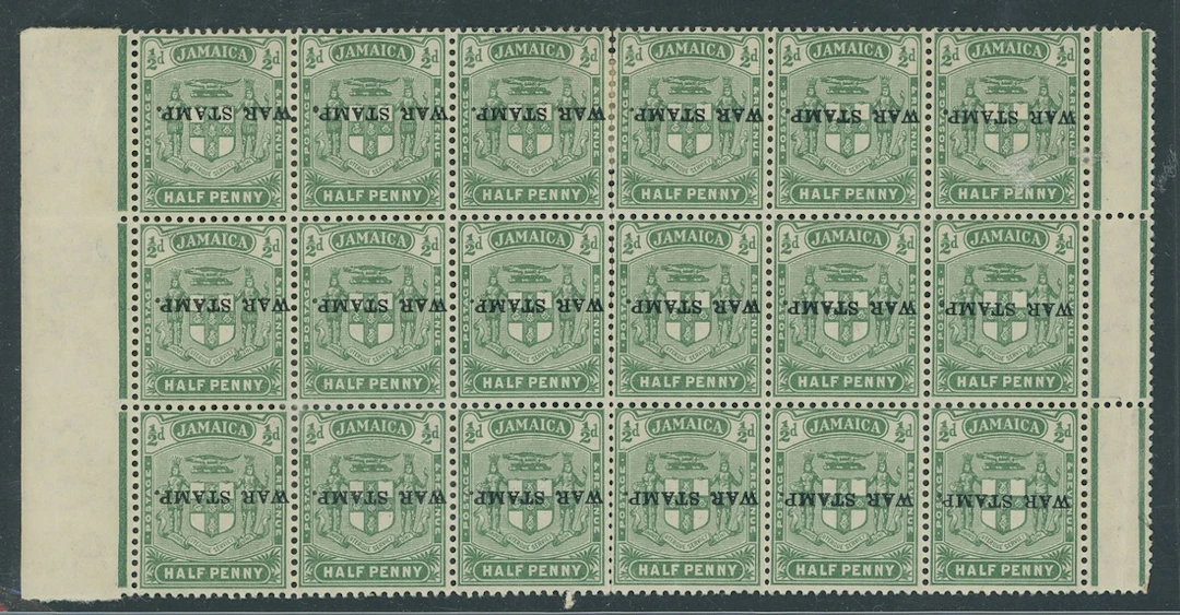 Jamaica 1916 (Apr.) War Stamp ½d. yellow-green block of eighteen (6x3)