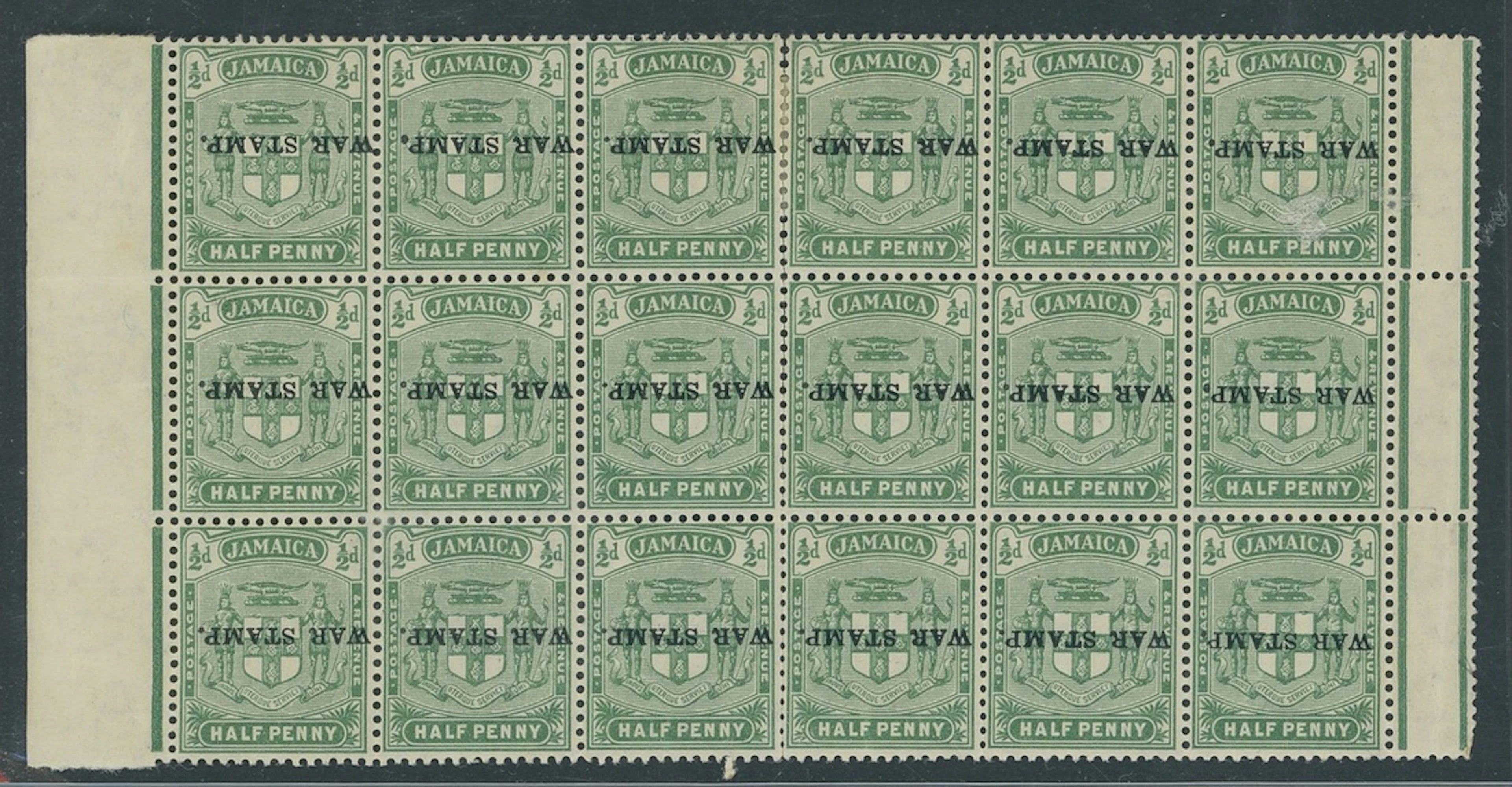 Jamaica 1916 (Apr.) War Stamp ½d. yellow-green block of eighteen (6x3)