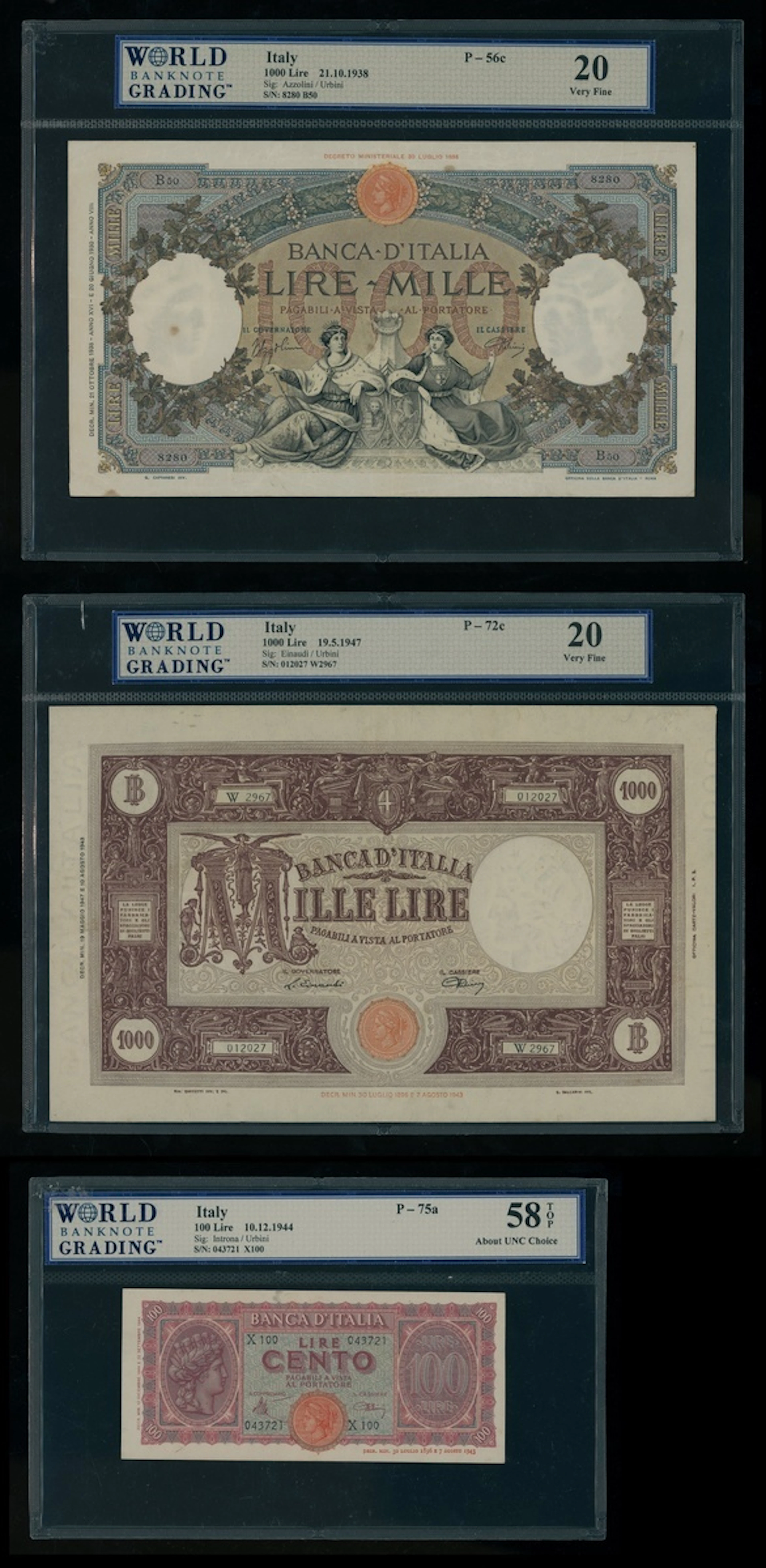 Banca d'Italia, Italy, a group of 3x, including 1000 lire 1938, 1000