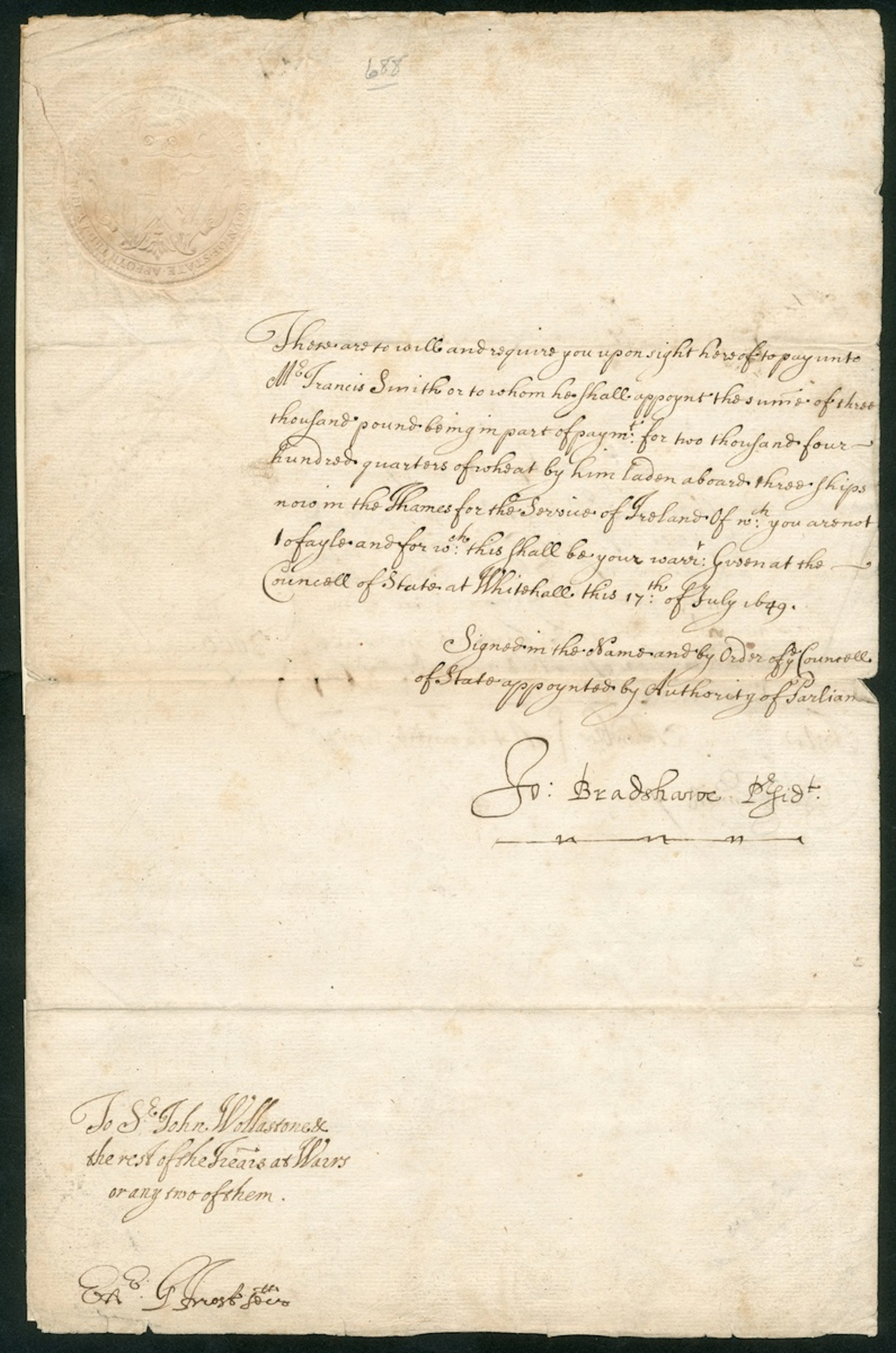 John Bradshaw - Regicide 1649 (17 July) letter " Fiven at the Councell