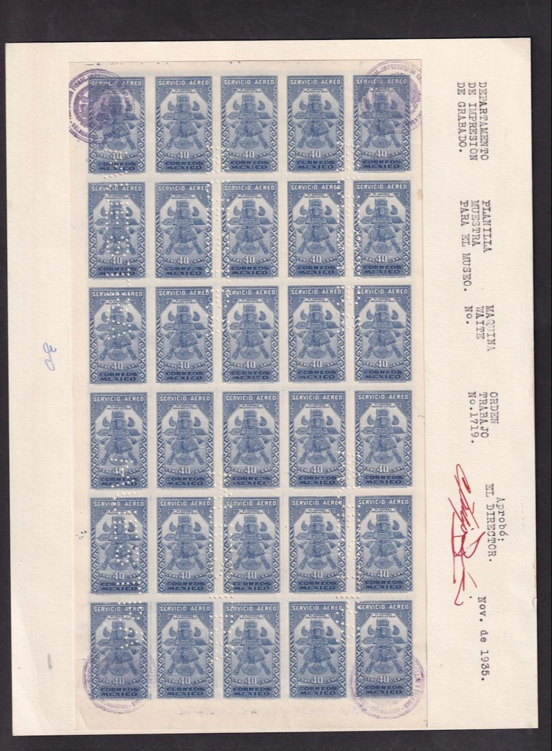 Mexico 20th Century Issues 1935, "Aztec Bird", Airmail, 40c. Blue