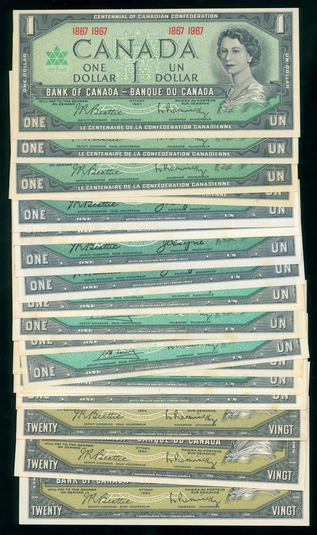 Bank of Canada, a group of 22x, including, $1 (15), $20 (3) 1954