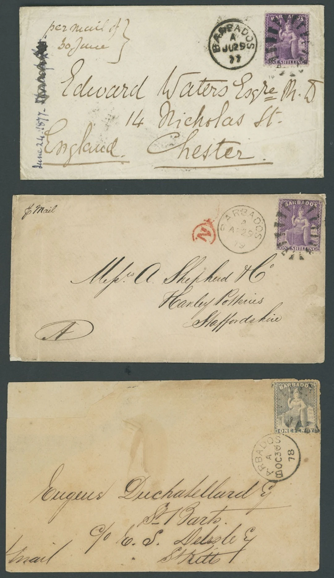 Barbados Britannia Issues Covers 1877 (29 June) and 1879 (29 Apr.)
