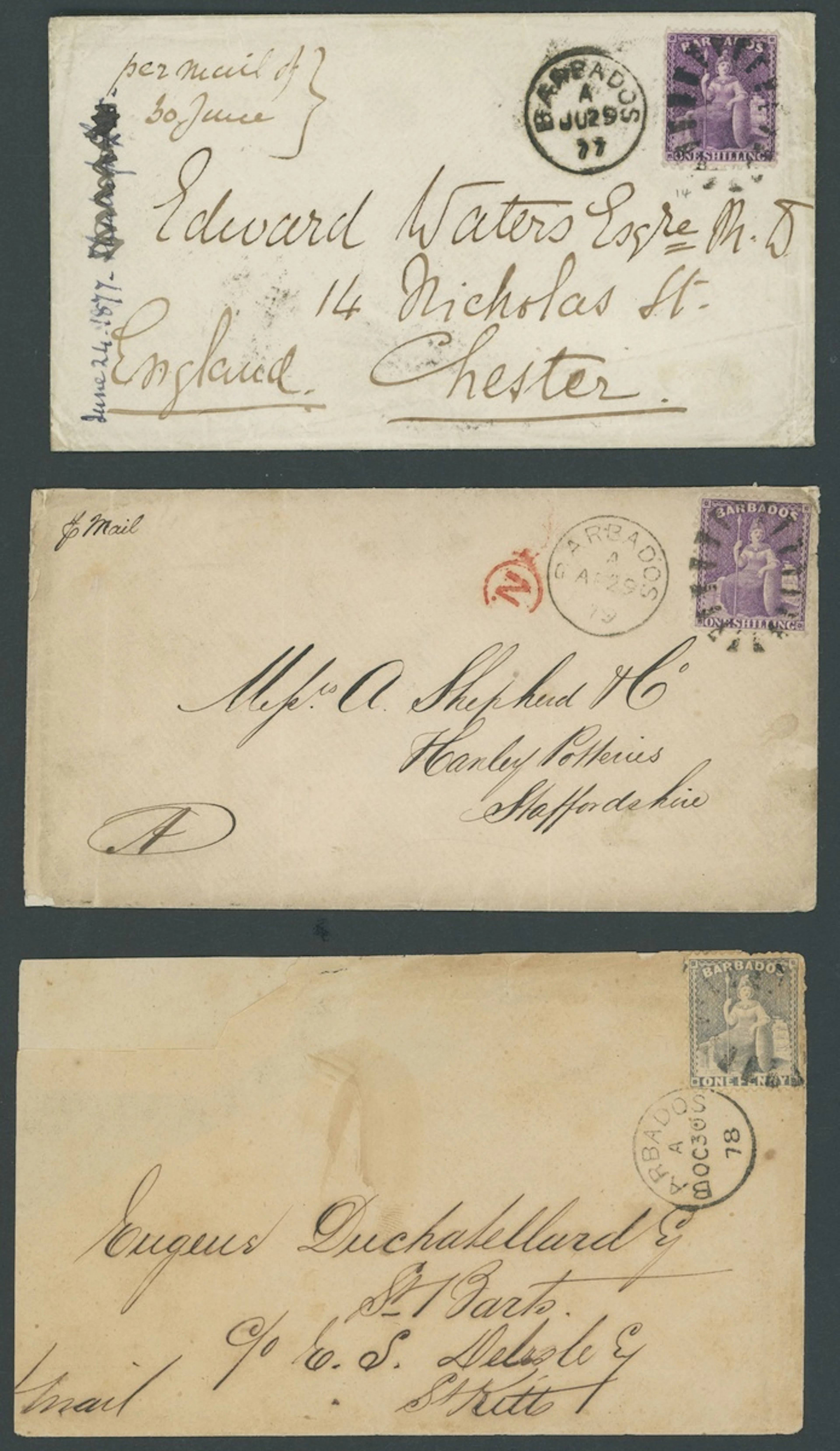 Barbados Britannia Issues Covers 1877 (29 June) and 1879 (29 Apr.)