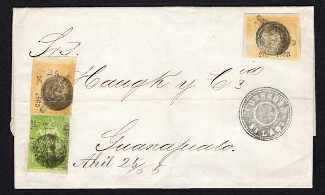 1864-1866 "Eagles" Guanajuato. 2r. Orange, two singles (one affected