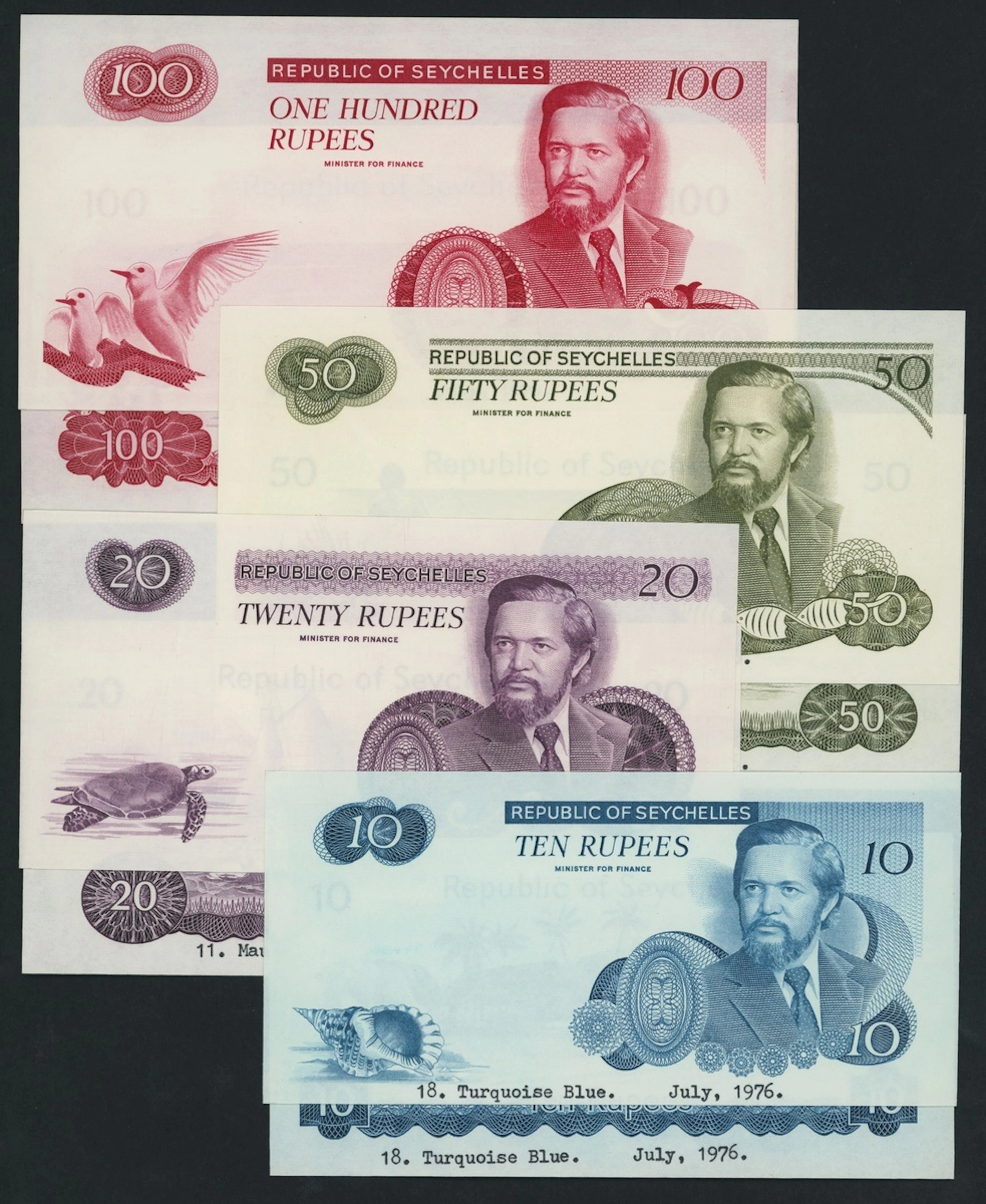 Republic of Seychelles, [8 notes] complete set of front and back proofs