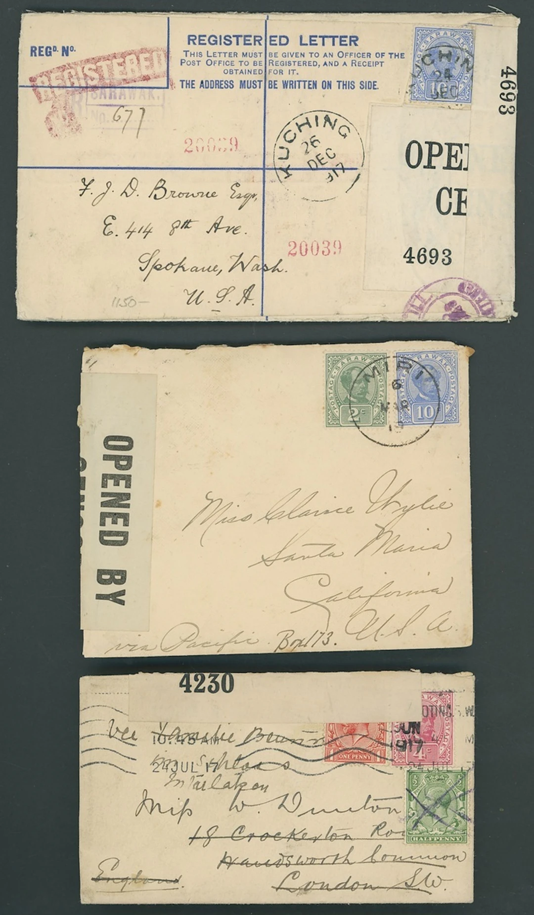 Sarawak Covers and Cancellations Censor Mail 1916 (21 Feb.) and (31