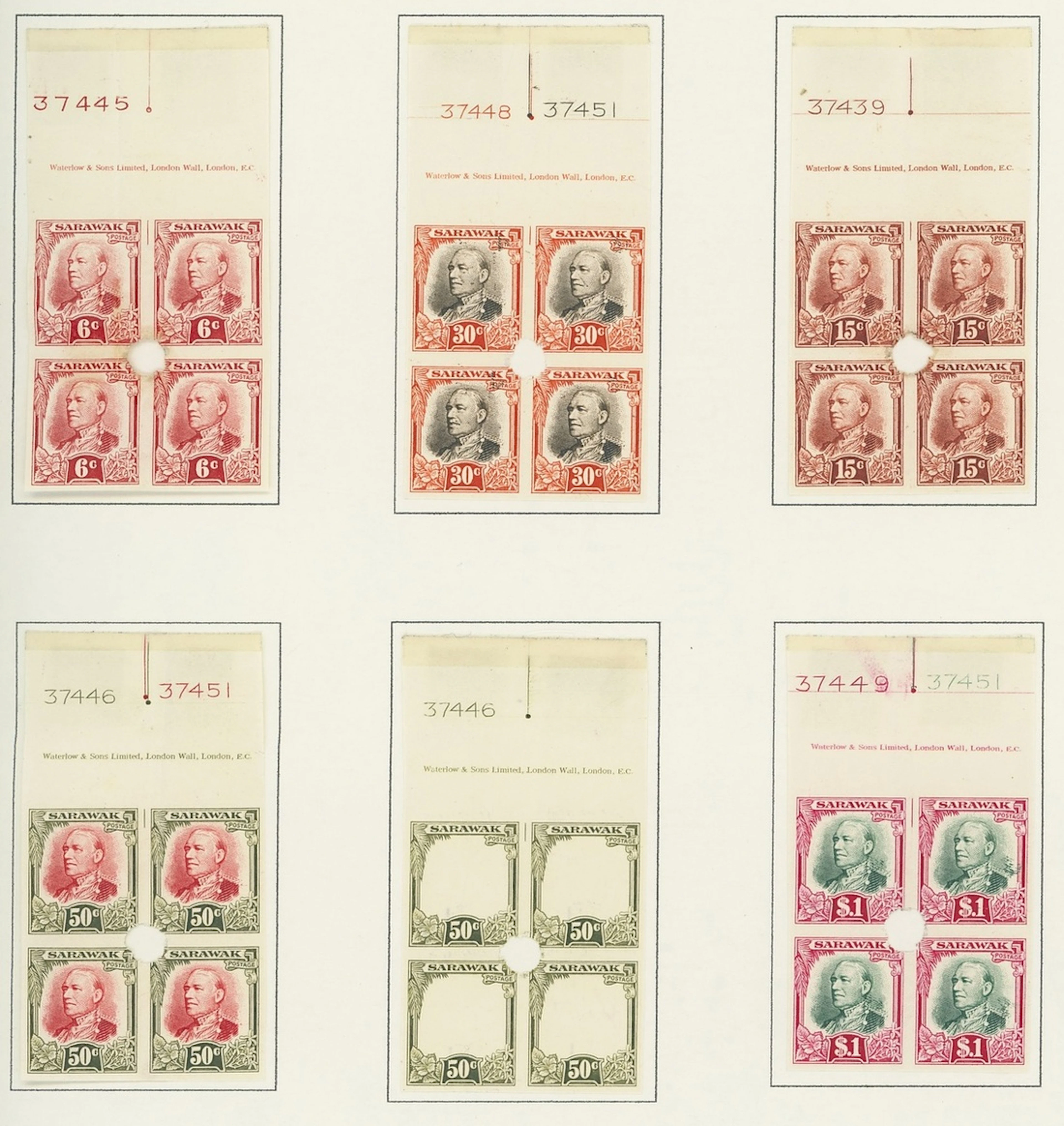 Sarawak 1932 Issue Waterlow File Stamps 1c., 3c., 4c. (2), 5c., 8c.