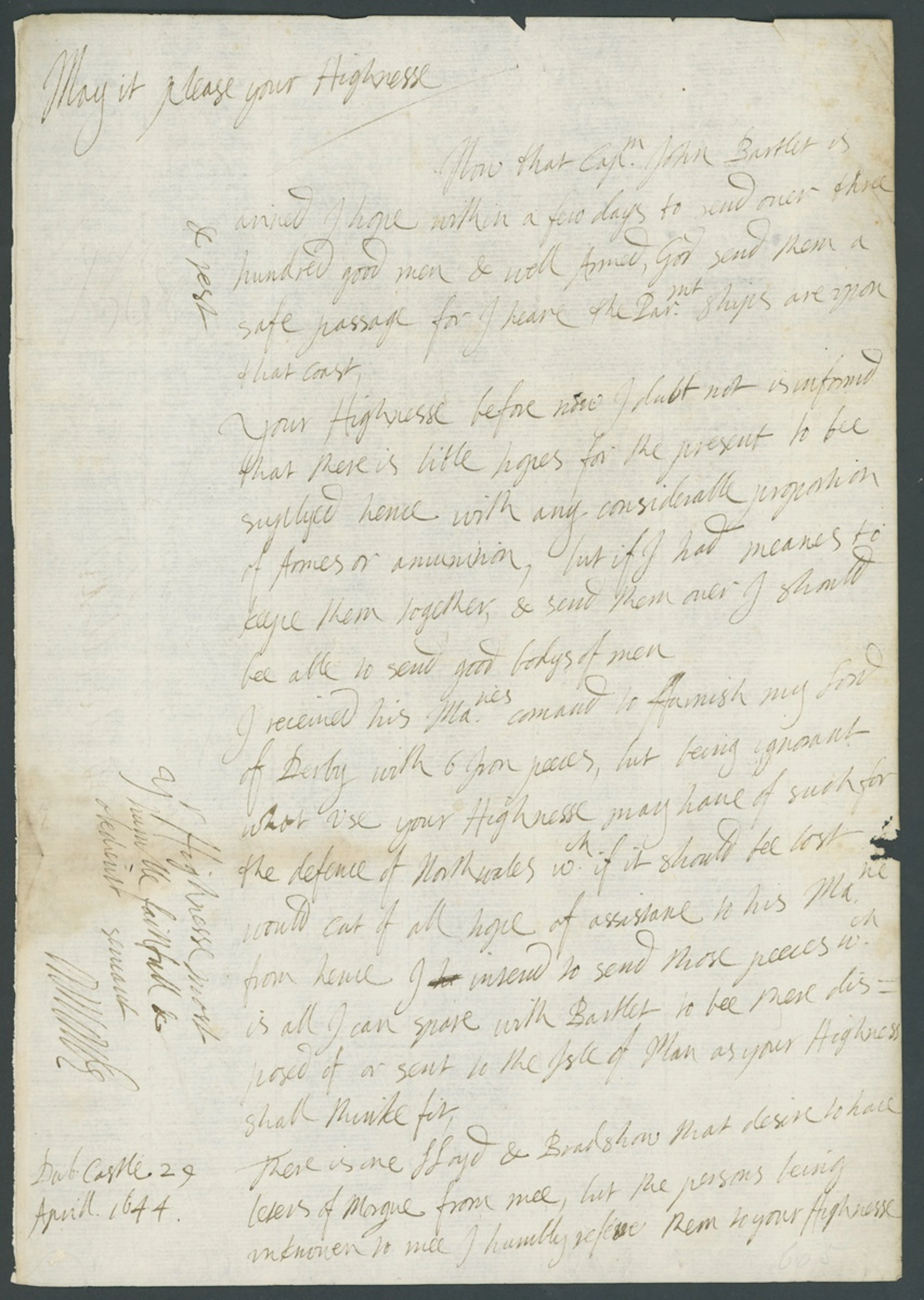 Letters to Prince Rupert 1644 (29 April) autograph letter from Dublin