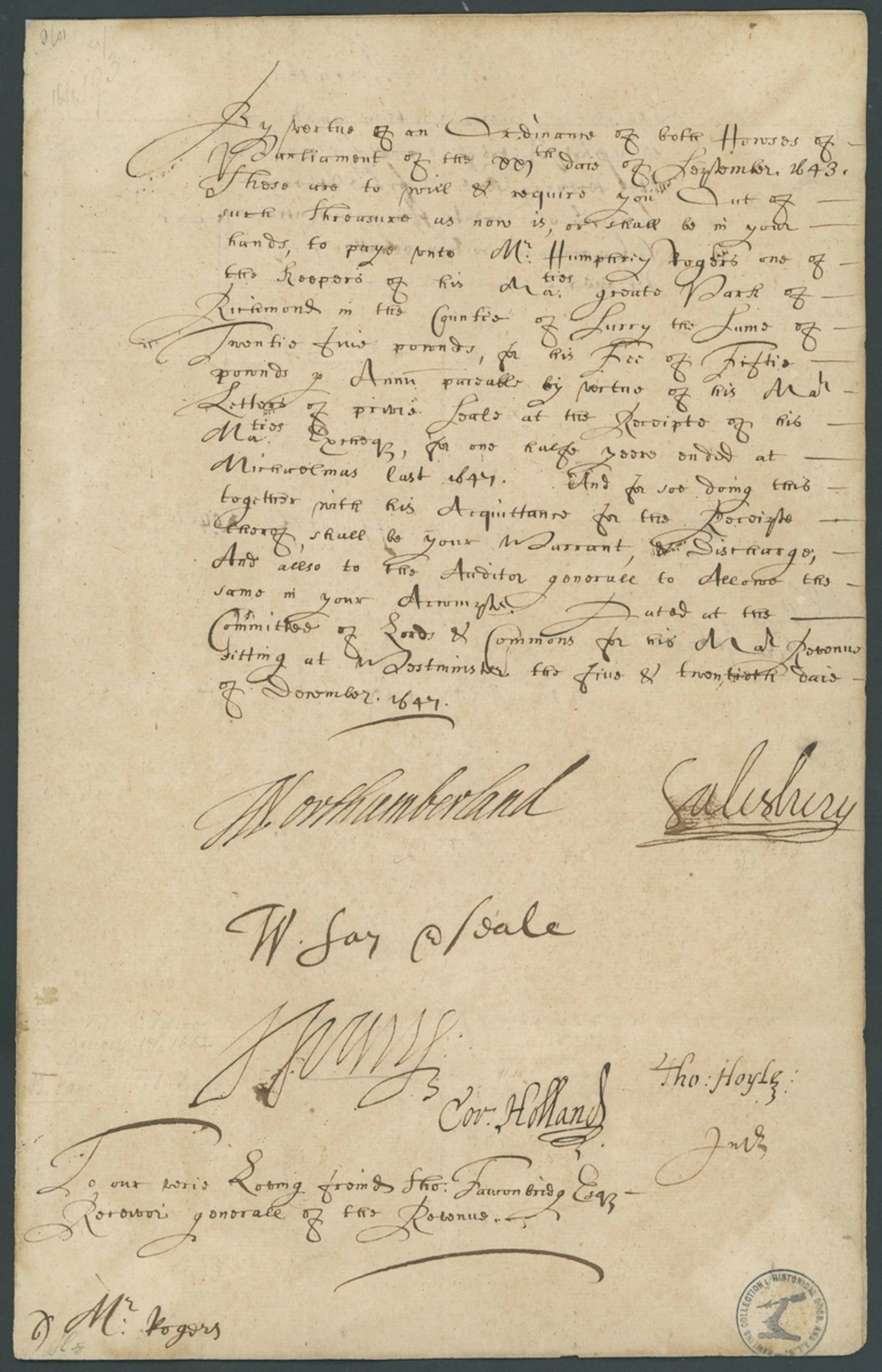 Cromwell's Council of State - Richmond Park 1649 (25 December) document